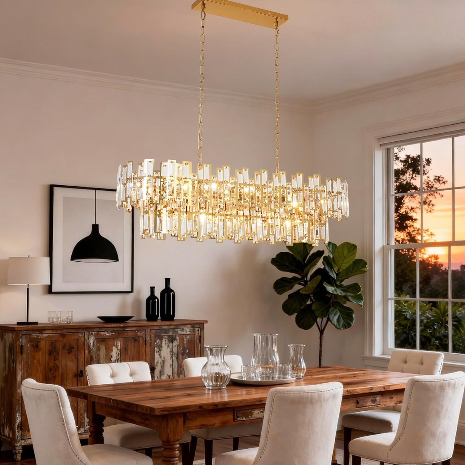 Luxury Gold Crystal Island Chandelier Modern Rectangular Dining Room Pendant Light