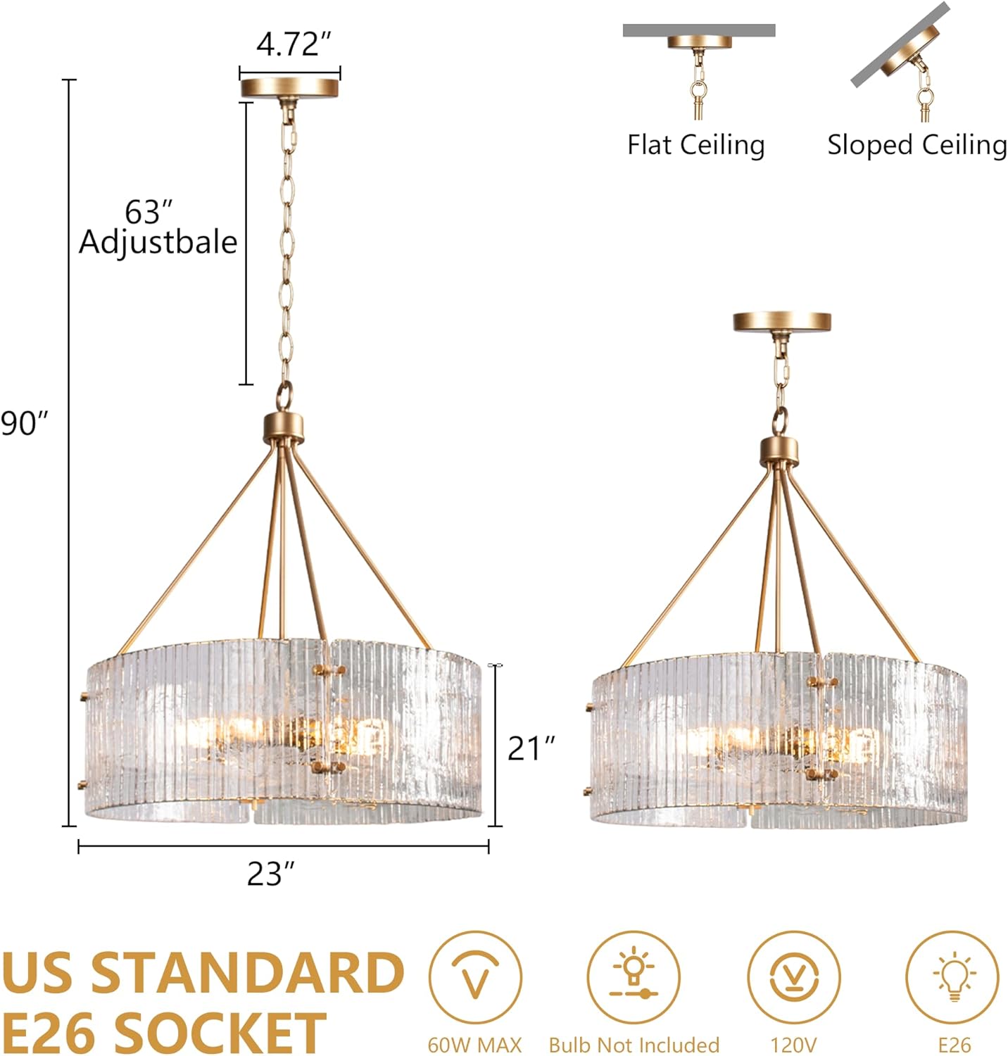 Modern Gold Ribbed Glass Drum Chandelier 6-Light E26 Adjustable Hanging Pendant Light for Dining Room Living Room