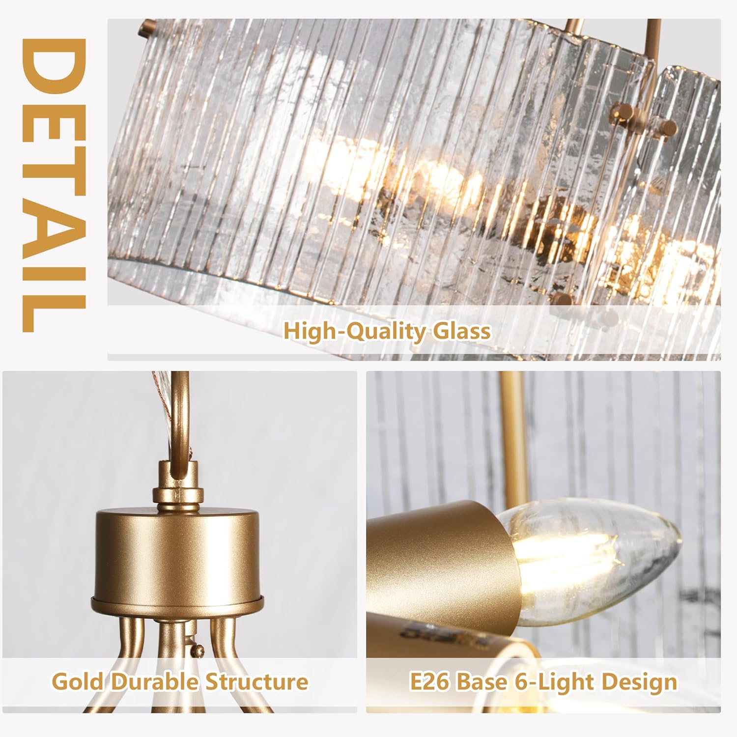 Modern Gold Ribbed Glass Drum Chandelier 6-Light E26 Adjustable Hanging Pendant Light for Dining Room Living Room