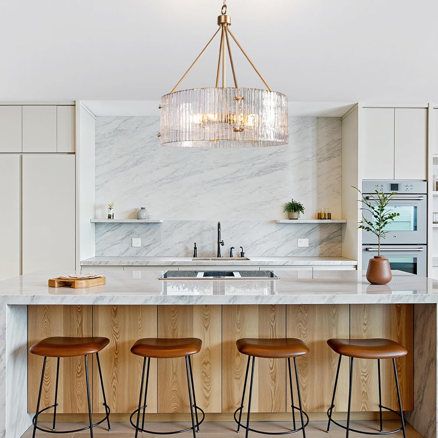 Modern Gold Ribbed Glass Drum Chandelier 6-Light E26 Adjustable Hanging Pendant Light for Dining Room Living Room