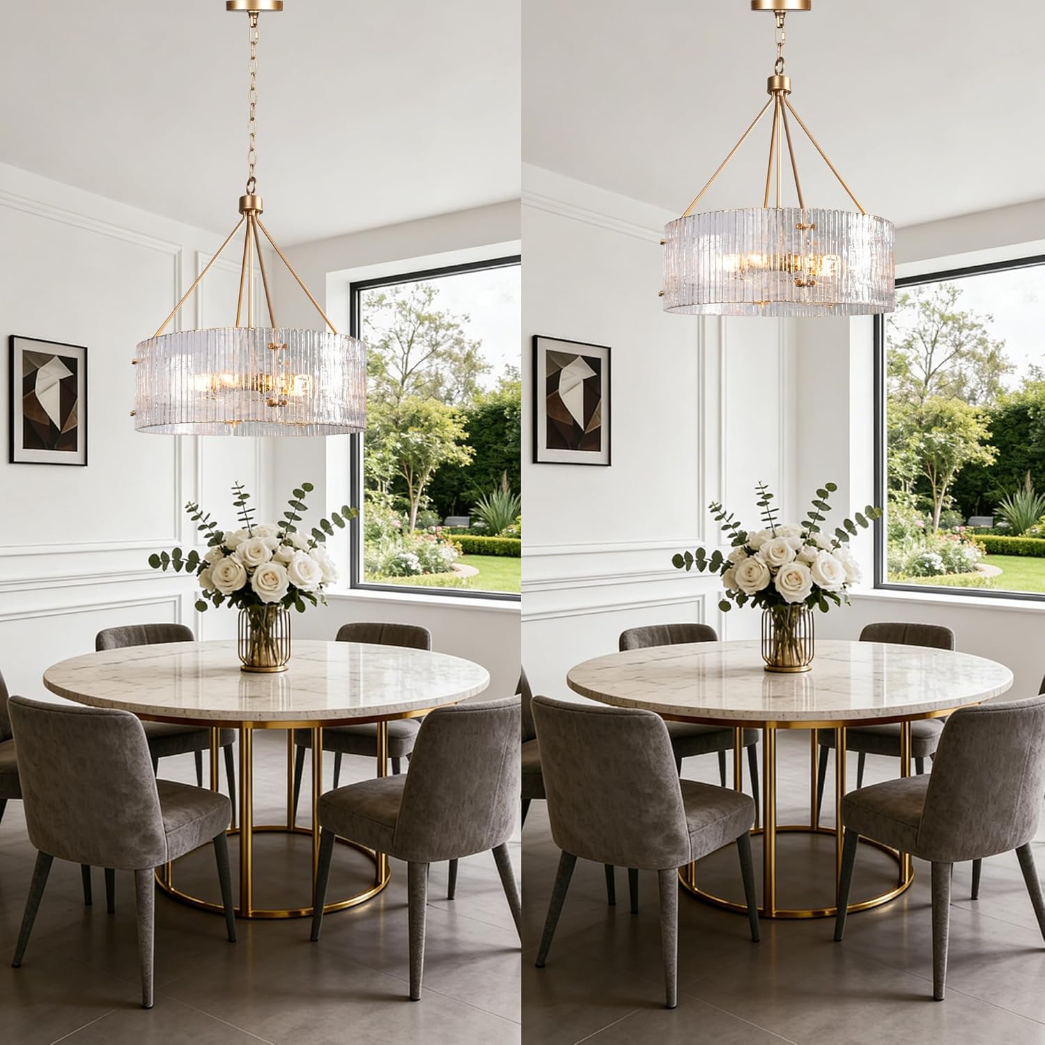 Modern Gold Ribbed Glass Drum Chandelier 6-Light E26 Adjustable Hanging Pendant Light for Dining Room Living Room