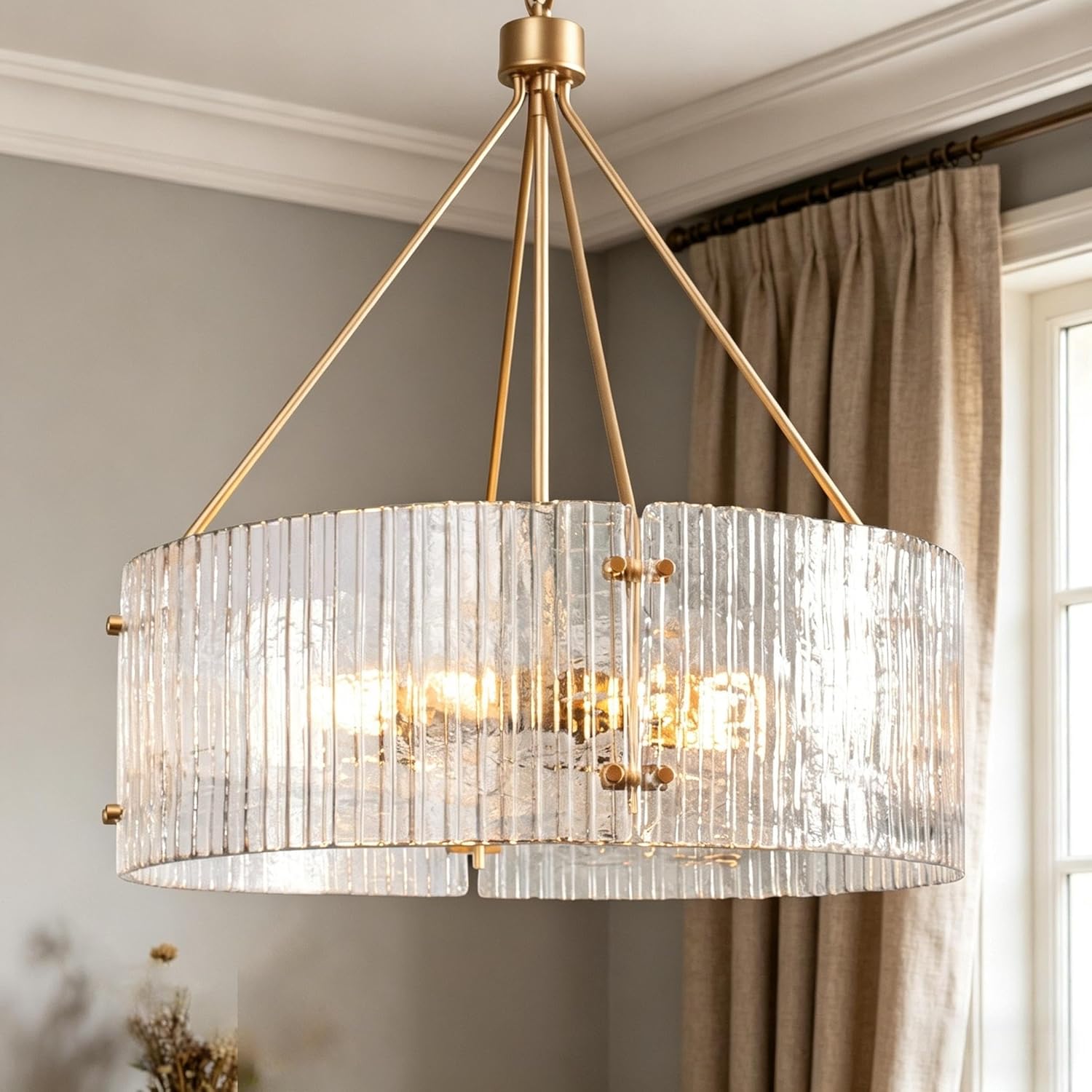 Modern Gold Ribbed Glass Drum Chandelier 6-Light E26 Adjustable Hanging Pendant Light for Dining Room Living Room