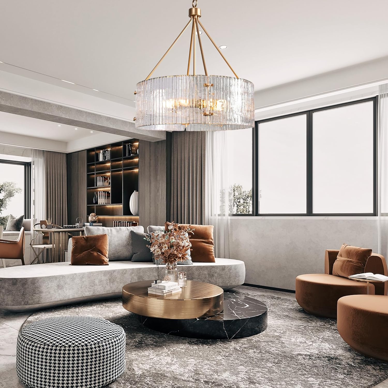 Modern Gold Ribbed Glass Drum Chandelier 6-Light E26 Adjustable Hanging Pendant Light for Dining Room Living Room