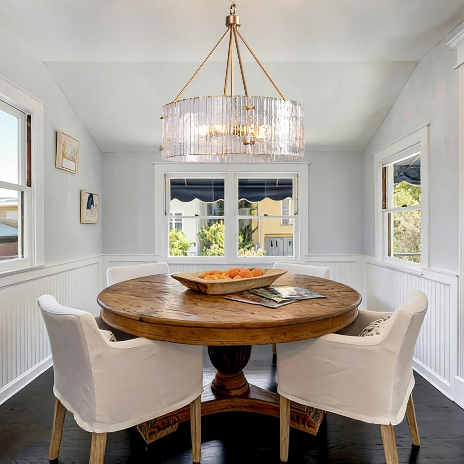 Modern Gold Ribbed Glass Drum Chandelier 6-Light E26 Adjustable Hanging Pendant Light for Dining Room Living Room