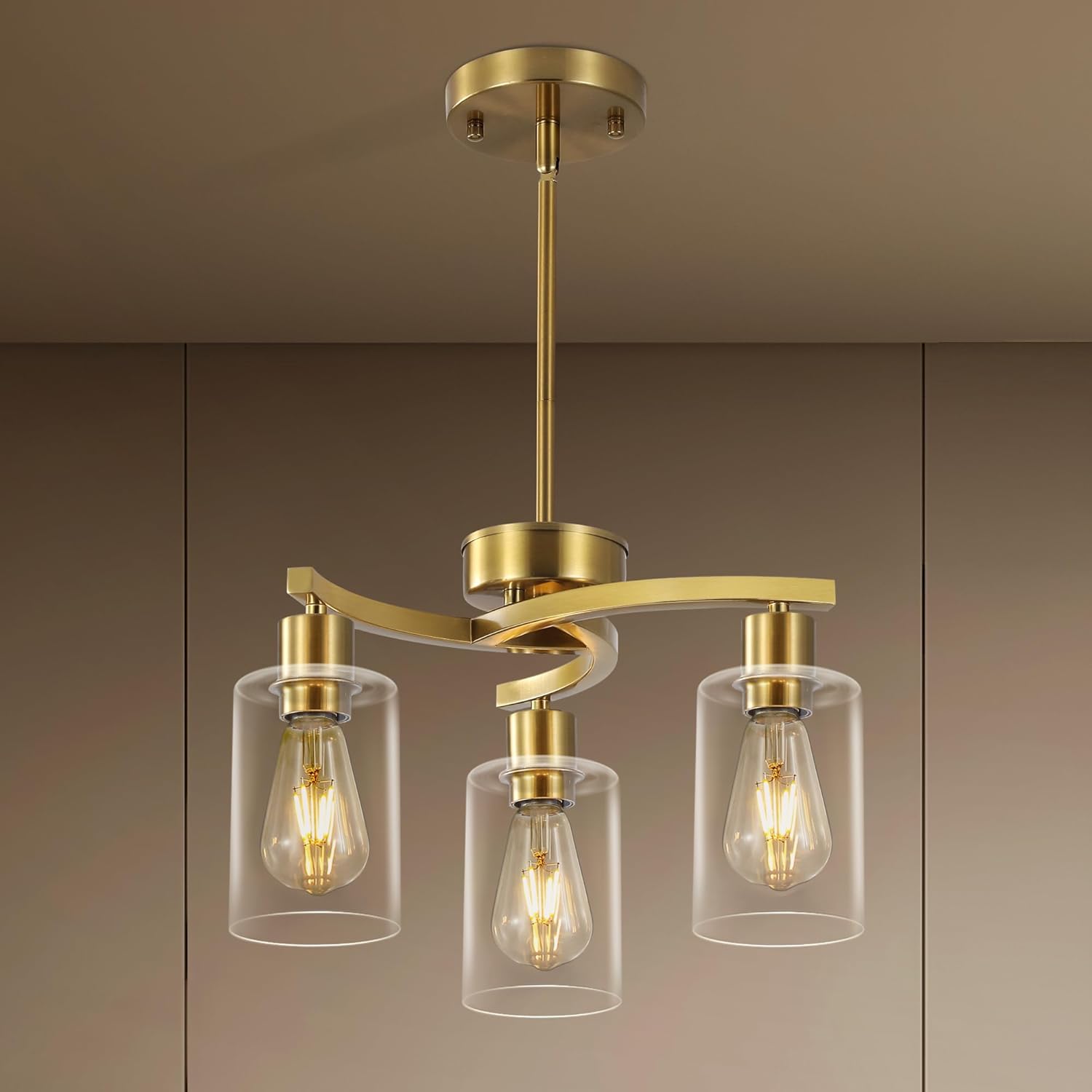 Modern Gold Semi Flush Mount Chandelier with Clear Glass Shades 3-Light Ceiling Pendant