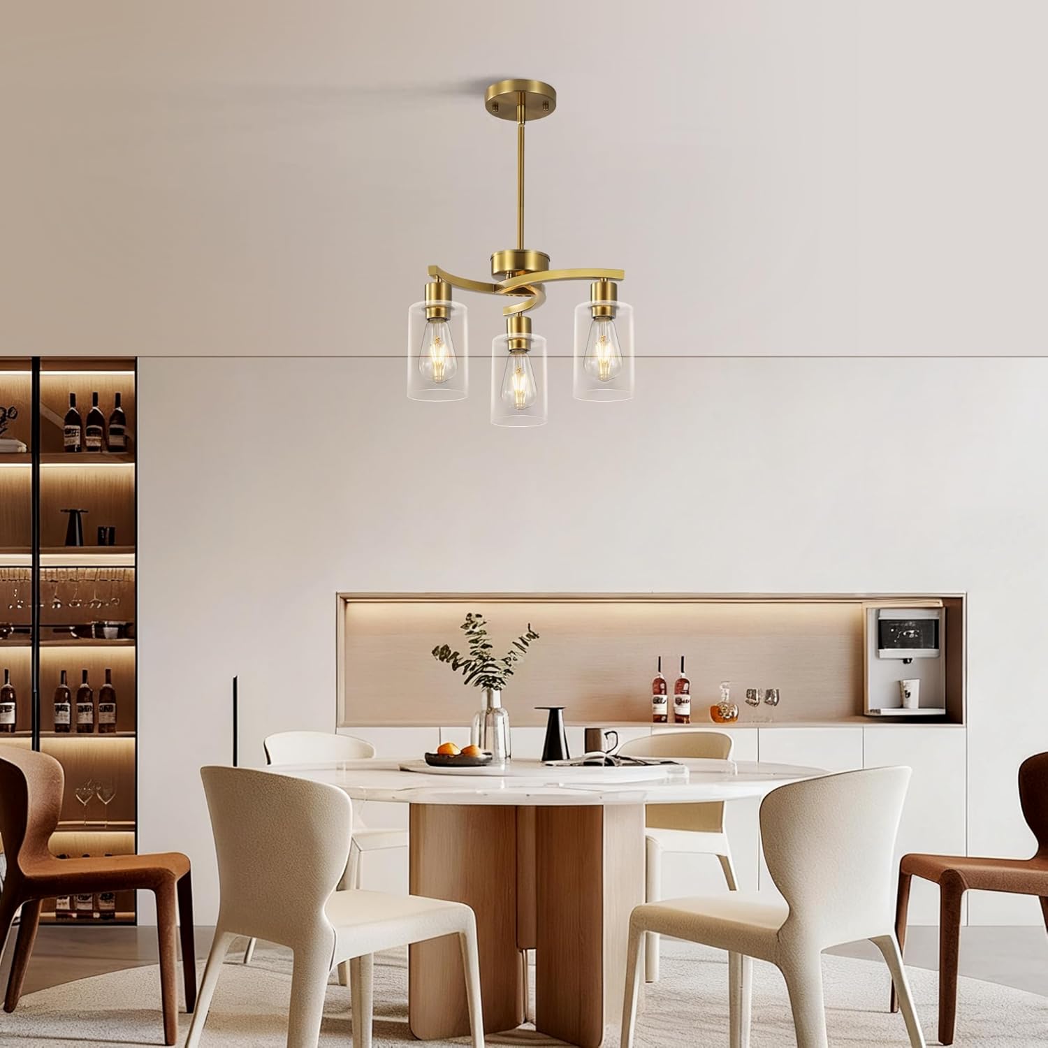 Modern Gold Semi Flush Mount Chandelier with Clear Glass Shades 3-Light Ceiling Pendant