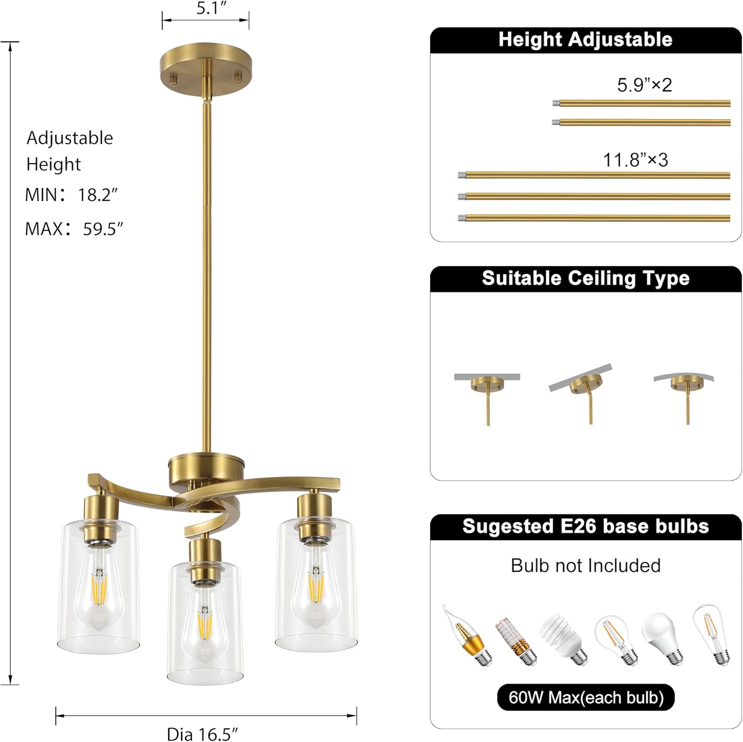 Modern Gold Semi Flush Mount Chandelier with Clear Glass Shades 3-Light Ceiling Pendant