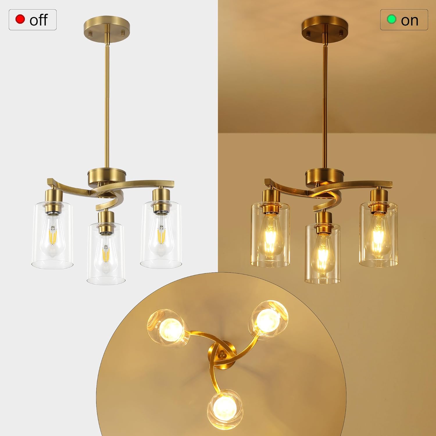 Modern Gold Semi Flush Mount Chandelier with Clear Glass Shades 3-Light Ceiling Pendant