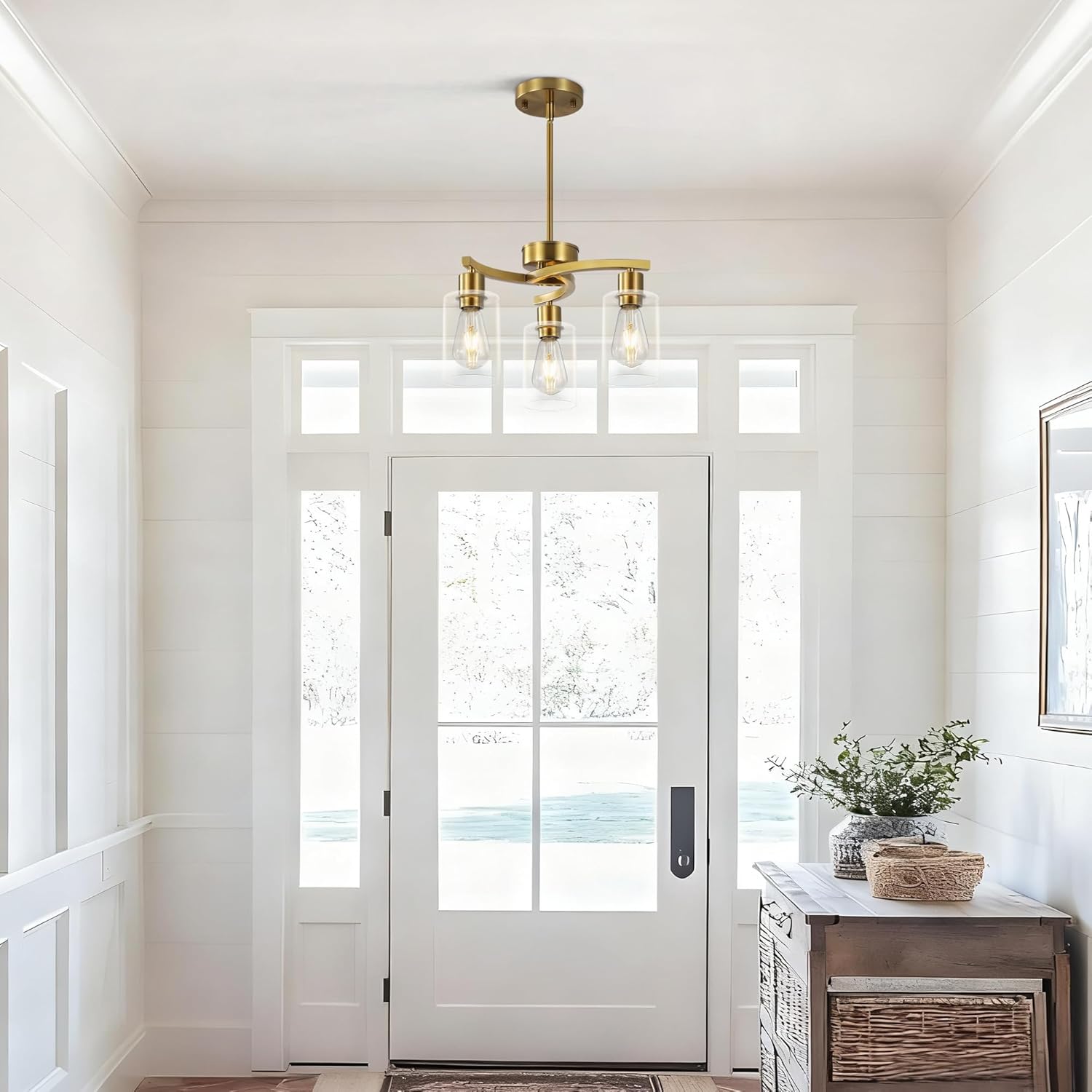 Modern Gold Semi Flush Mount Chandelier with Clear Glass Shades 3-Light Ceiling Pendant
