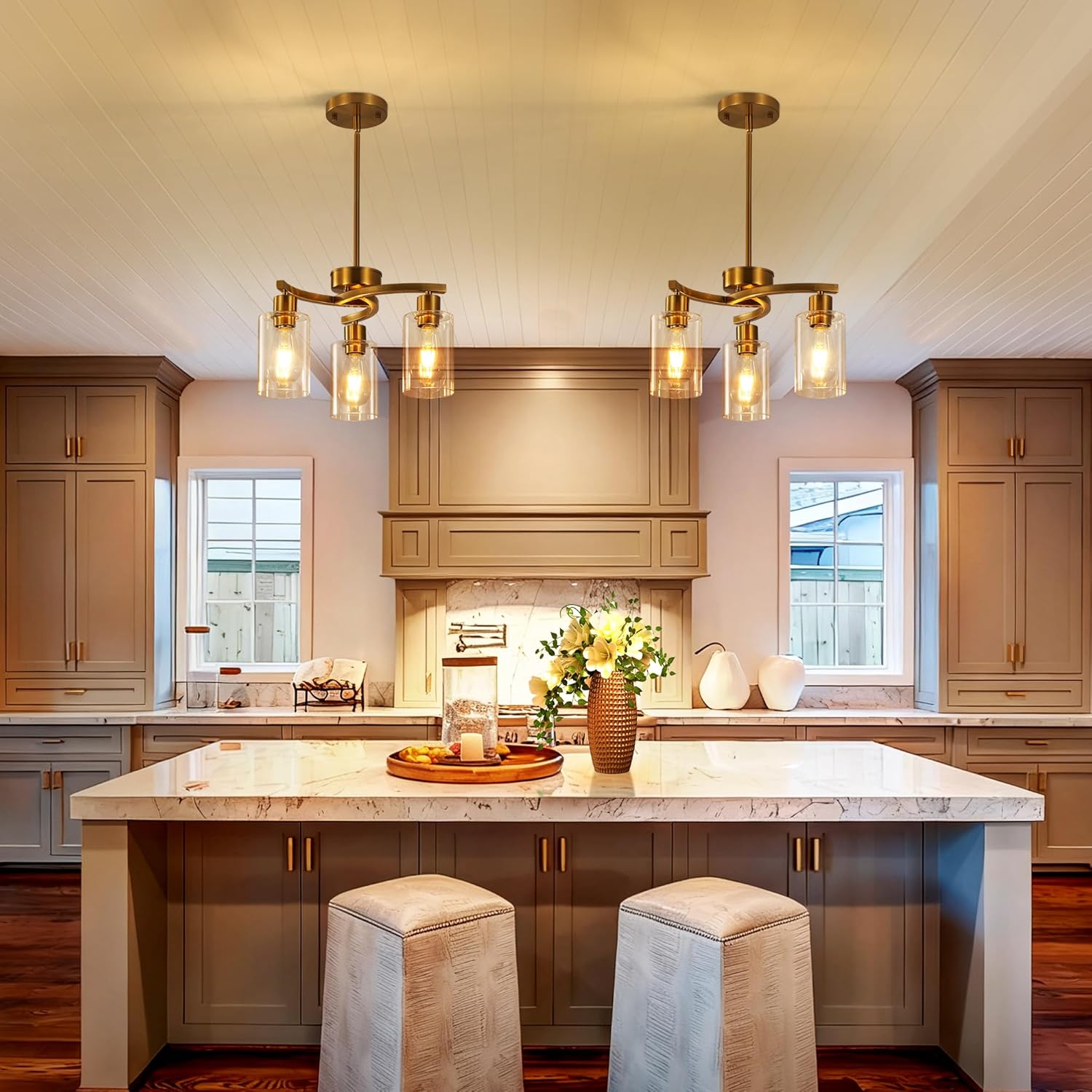 Modern Gold Semi Flush Mount Chandelier with Clear Glass Shades 3-Light Ceiling Pendant