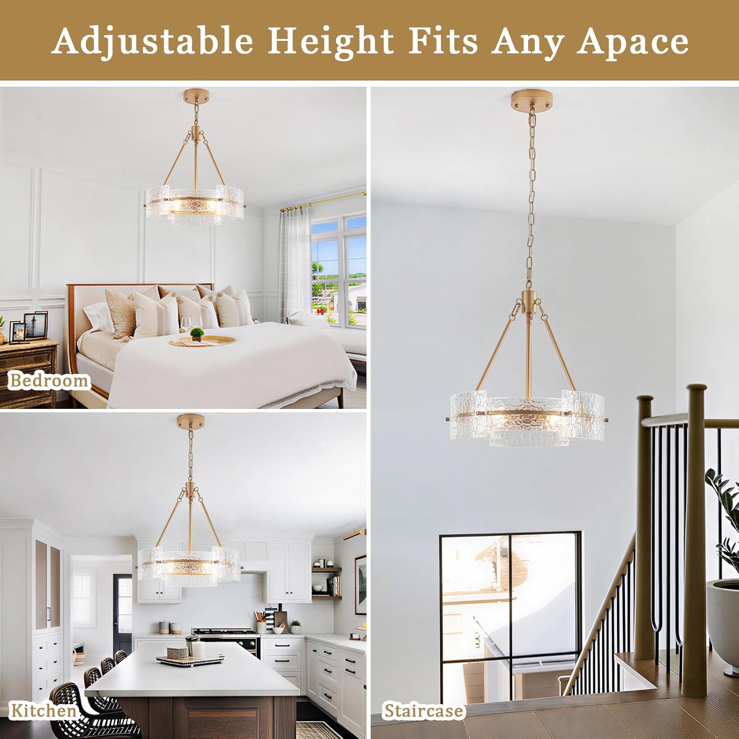 Modern Gold Textured Glass Drum Chandelier Adjustable Pendant Ceiling Light