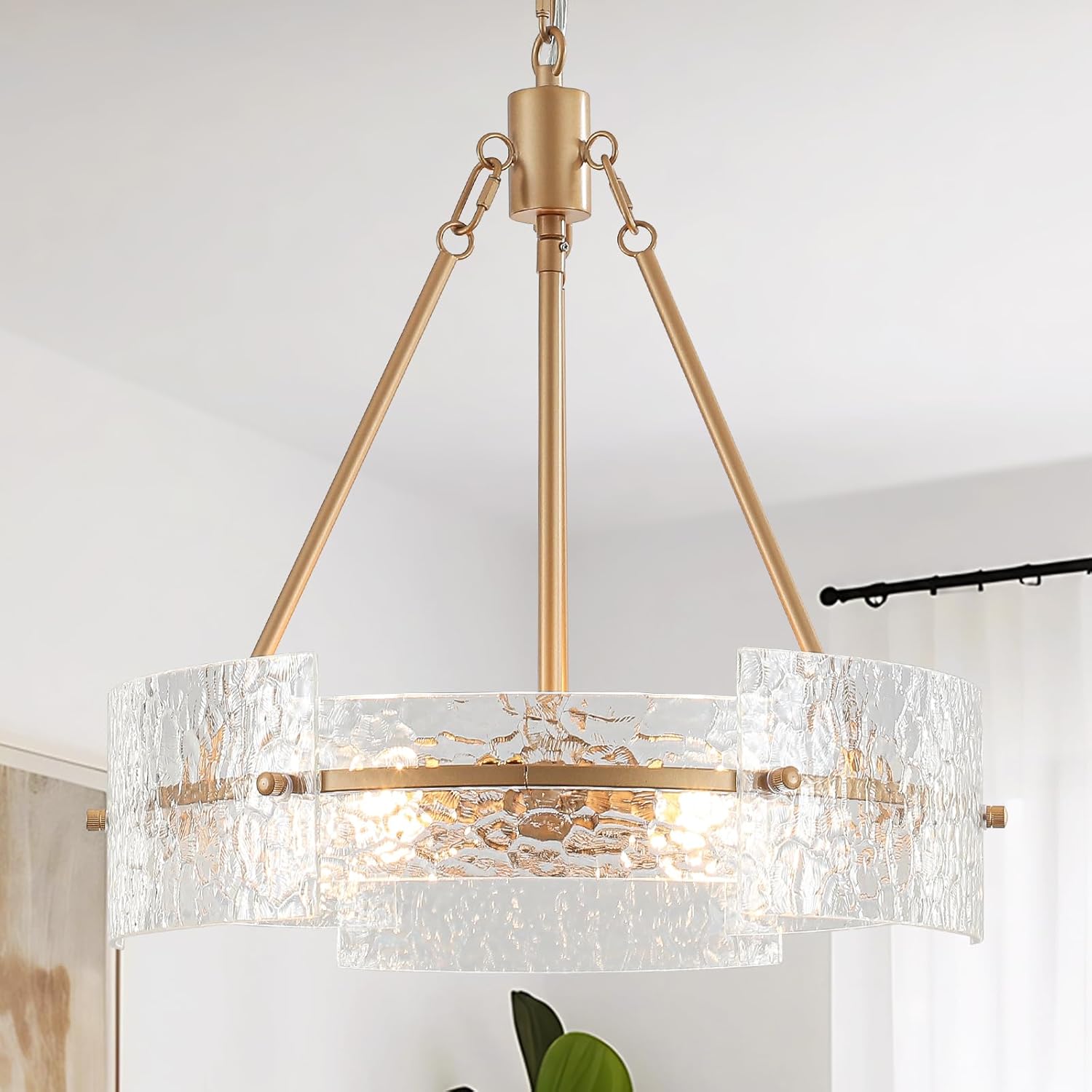 Modern Gold Textured Glass Drum Chandelier Adjustable Pendant Ceiling Light