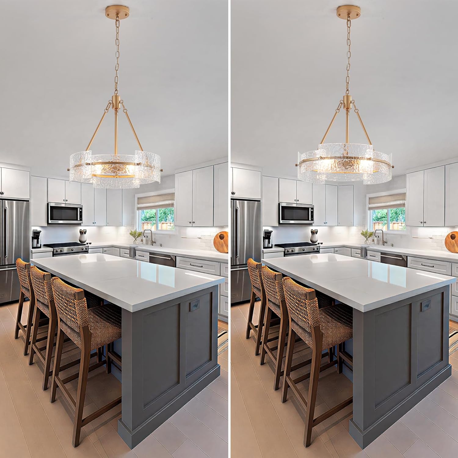 Modern Gold Textured Glass Drum Chandelier Adjustable Pendant Ceiling Light