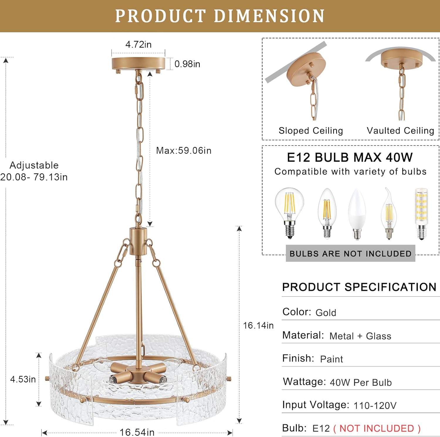 Modern Gold Textured Glass Drum Chandelier Adjustable Pendant Ceiling Light