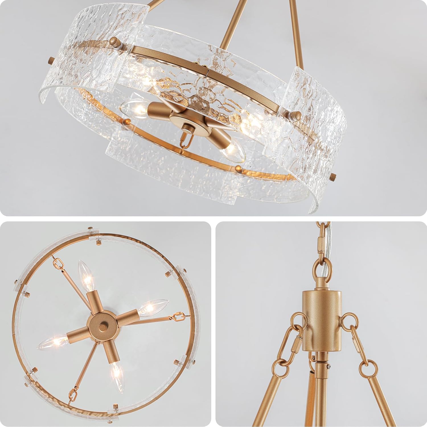 Modern Gold Textured Glass Drum Chandelier Adjustable Pendant Ceiling Light