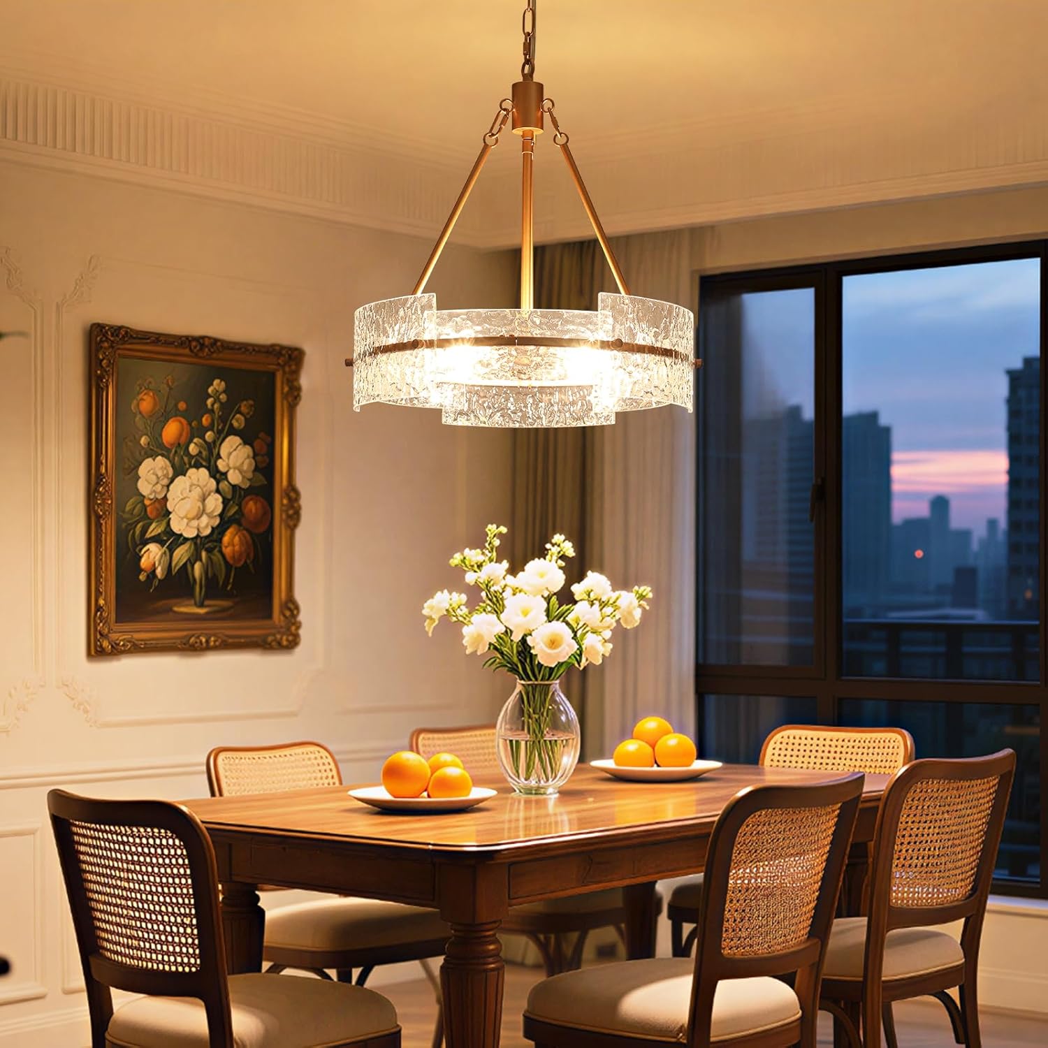 Modern Gold Textured Glass Drum Chandelier Adjustable Pendant Ceiling Light