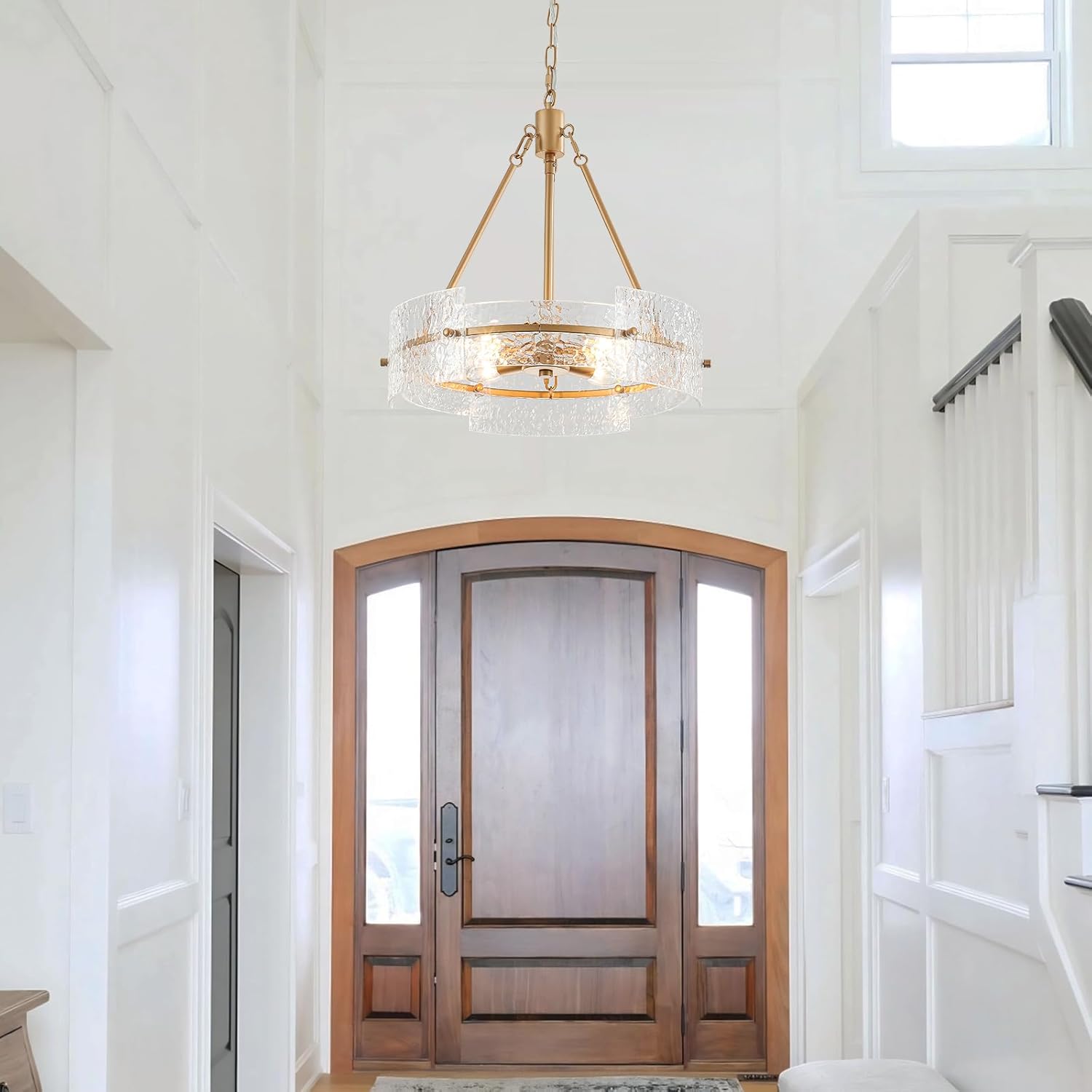 Modern Gold Textured Glass Drum Chandelier Adjustable Pendant Ceiling Light