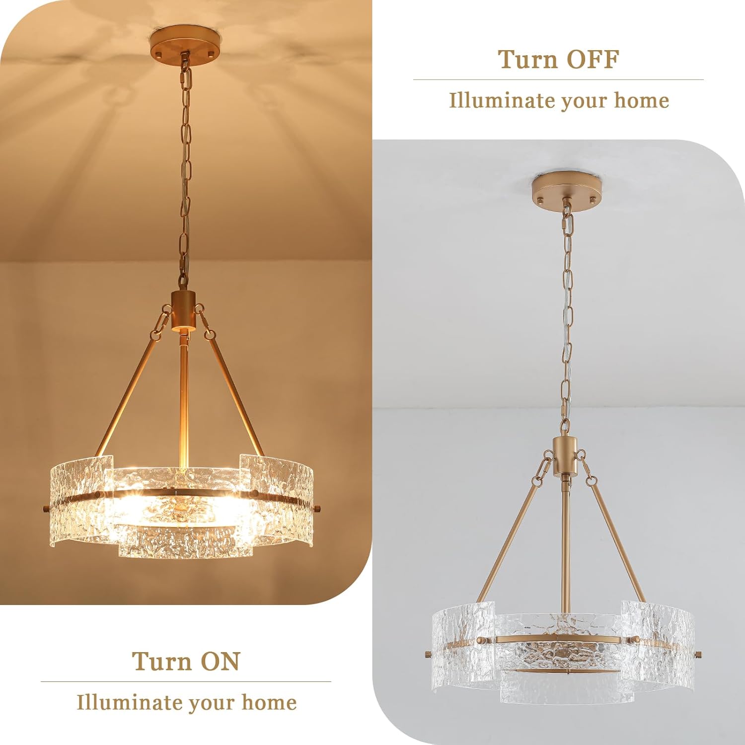 Modern Gold Textured Glass Drum Chandelier Adjustable Pendant Ceiling Light