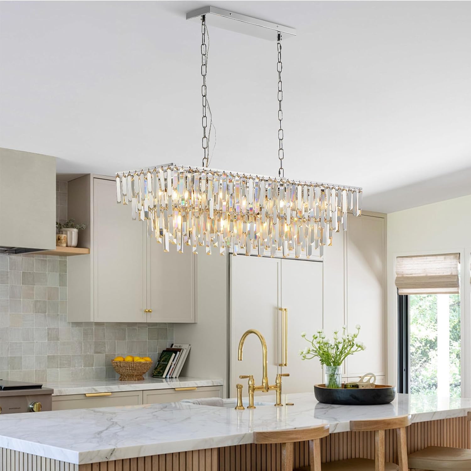 Luxury Rectangular Crystal Chandelier 12-Light Modern Island Pendant Adjustable Height Ceiling Light