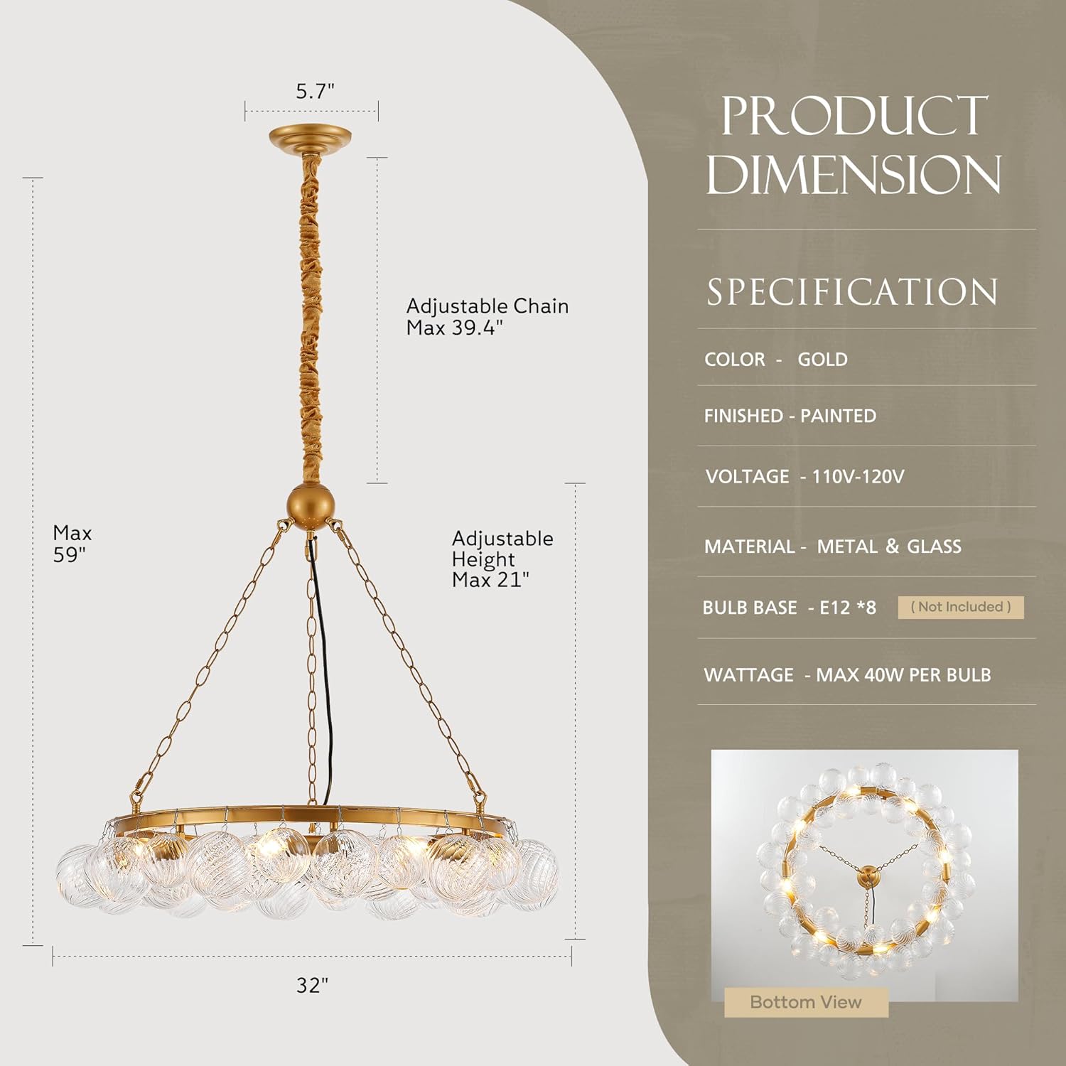 Luxury 8-Light Gold Bubble Glass Ring Chandelier Modern Round Adjustable Pendant Light