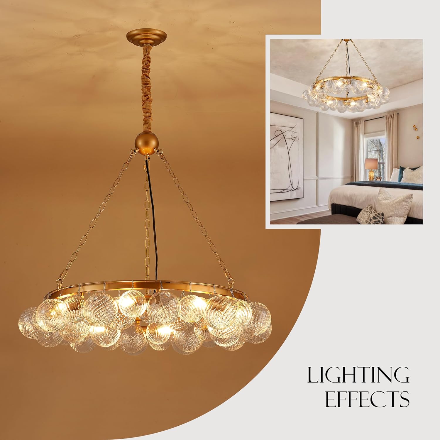 Luxury 8-Light Gold Bubble Glass Ring Chandelier Modern Round Adjustable Pendant Light