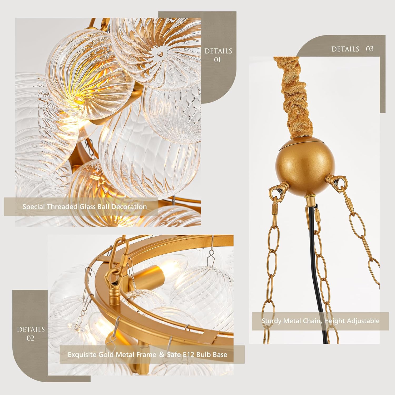 Luxury 8-Light Gold Bubble Glass Ring Chandelier Modern Round Adjustable Pendant Light