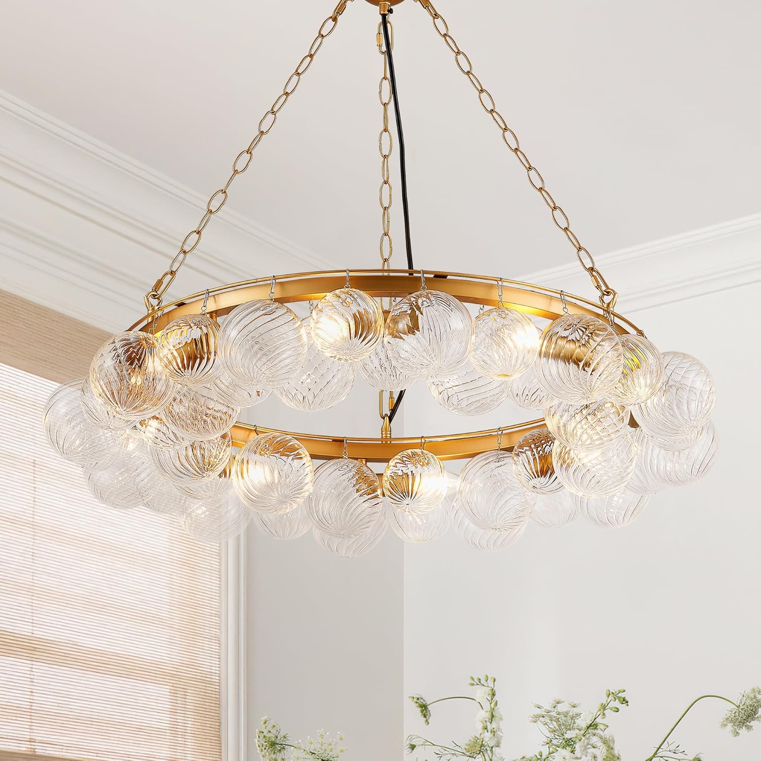 Luxury 8-Light Gold Bubble Glass Ring Chandelier Modern Round Adjustable Pendant Light