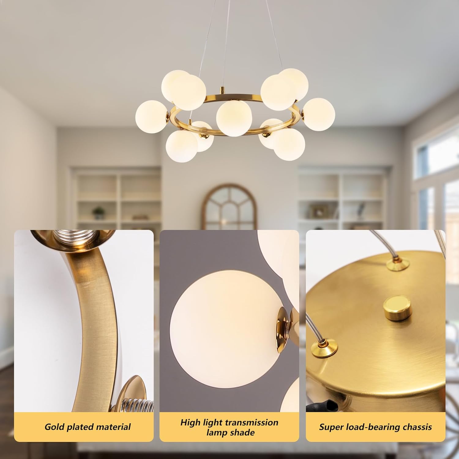Modern Luxury Gold Ring 12-Light Glass Globe Chandelier