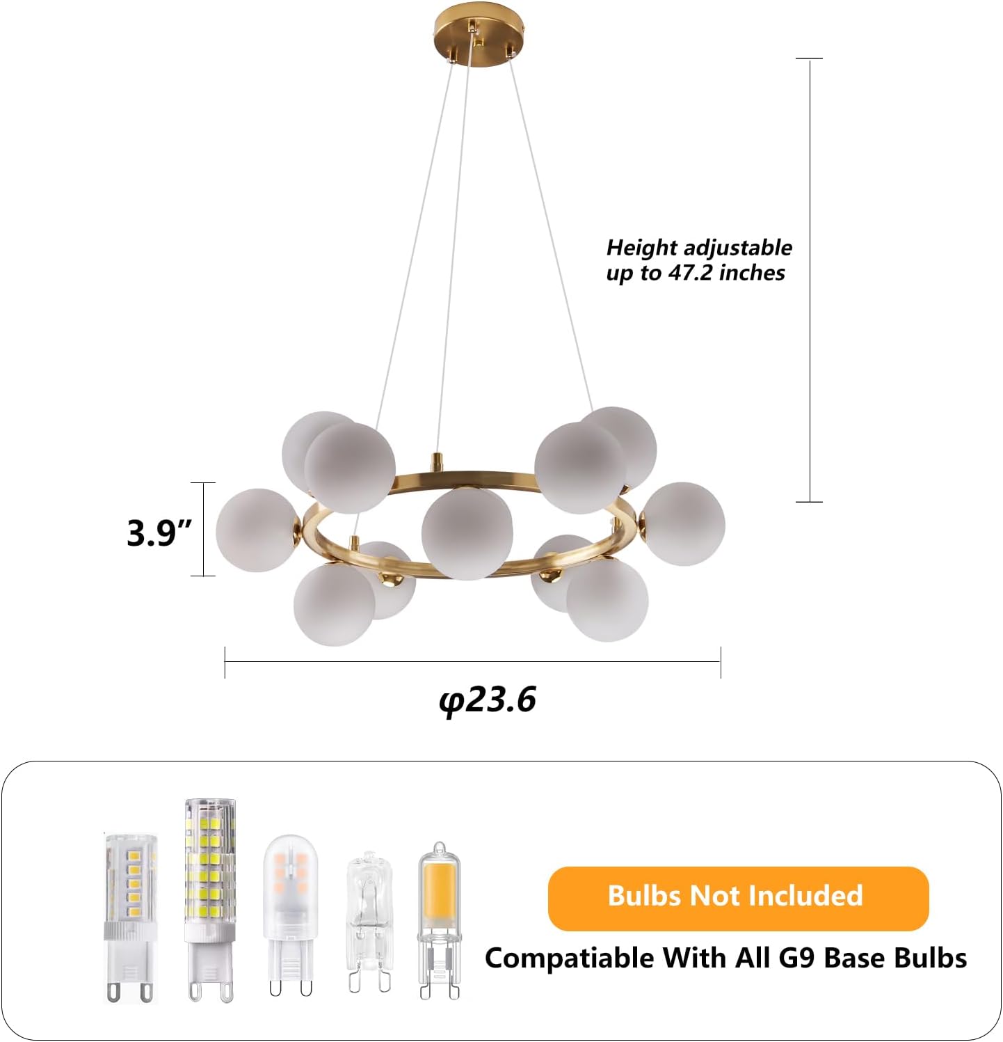 Modern Luxury Gold Ring 12-Light Glass Globe Chandelier
