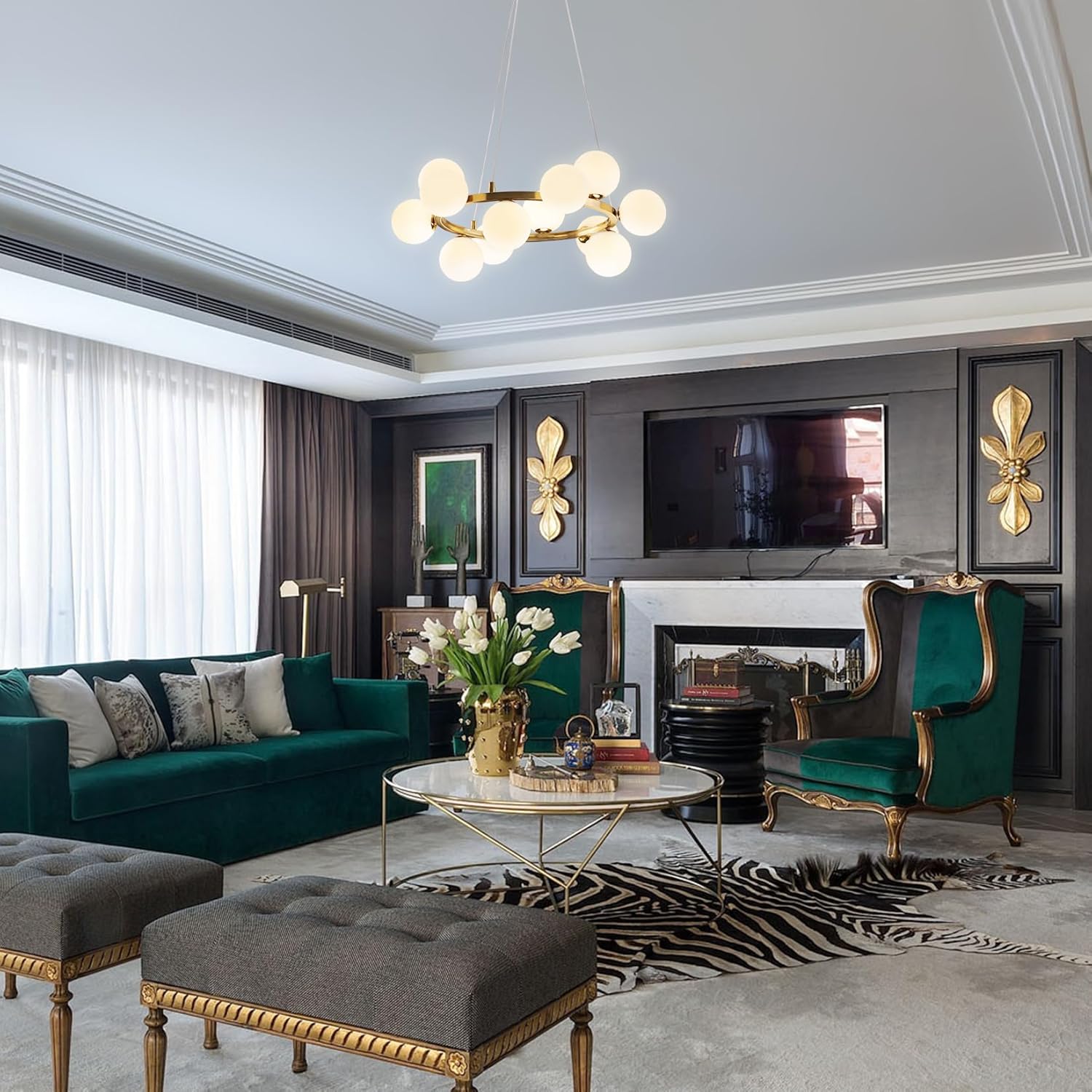 Modern Luxury Gold Ring 12-Light Glass Globe Chandelier