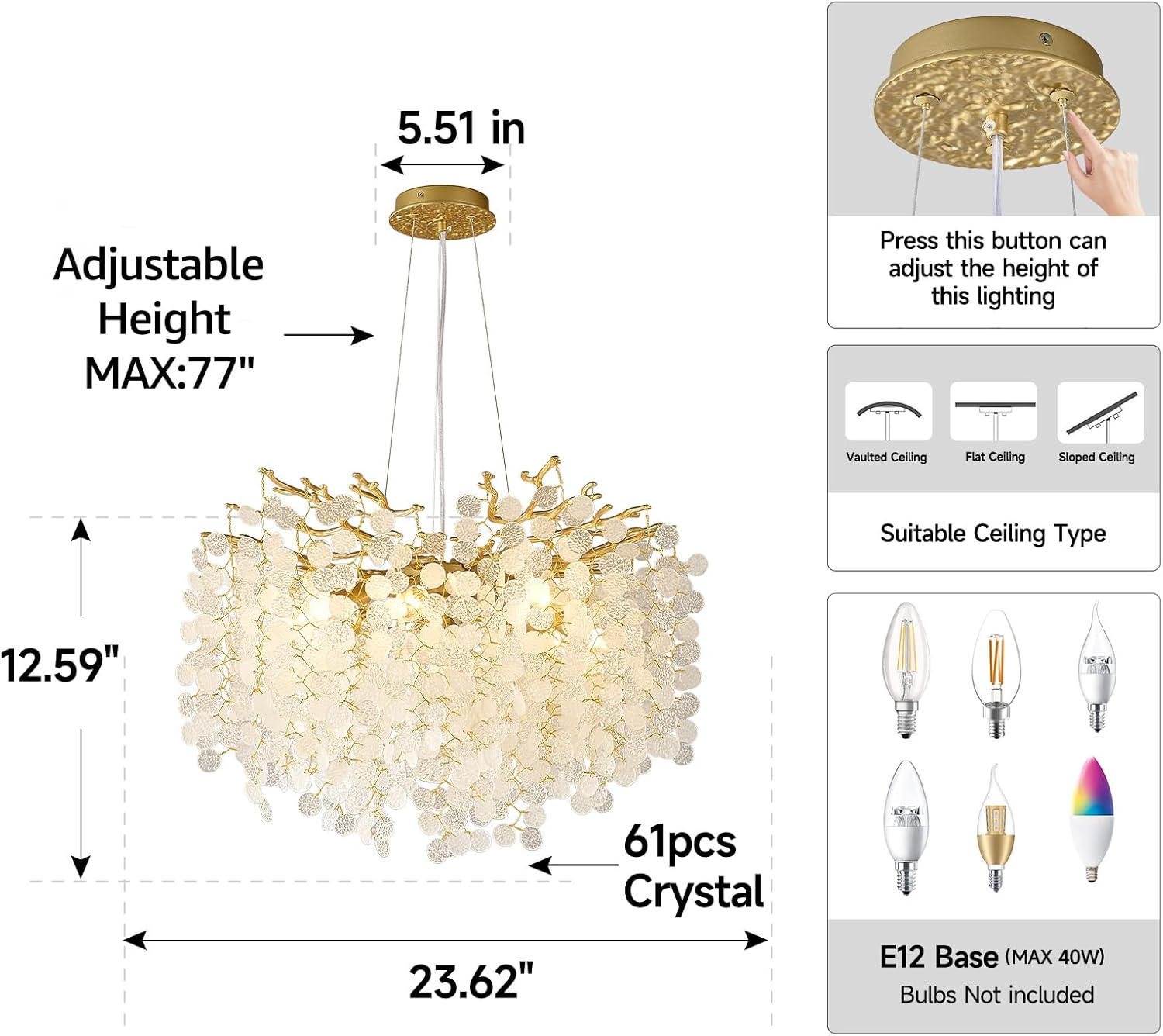 Modern Luxury Round Gold Crystal Chandelier – Adjustable Height, 61 Crystal Drops, E12 Dimmable Ceiling Pendant Light