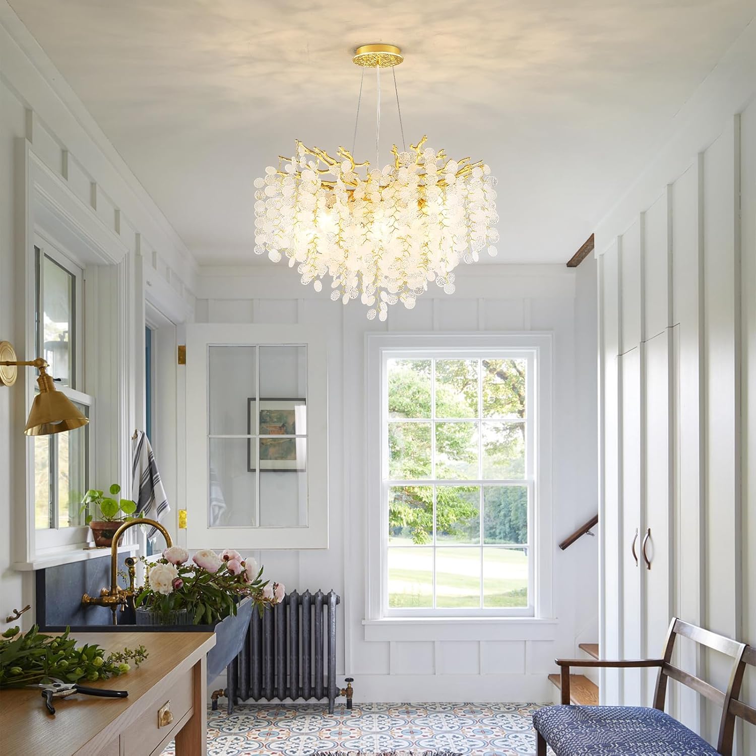 Modern Luxury Round Gold Crystal Chandelier – Adjustable Height, 61 Crystal Drops, E12 Dimmable Ceiling Pendant Light