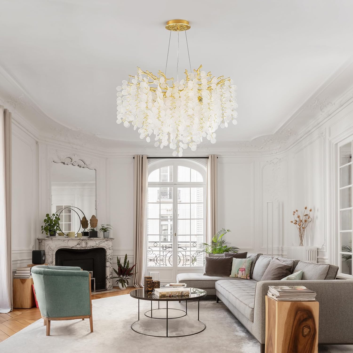Modern Luxury Round Gold Crystal Chandelier – Adjustable Height, 61 Crystal Drops, E12 Dimmable Ceiling Pendant Light