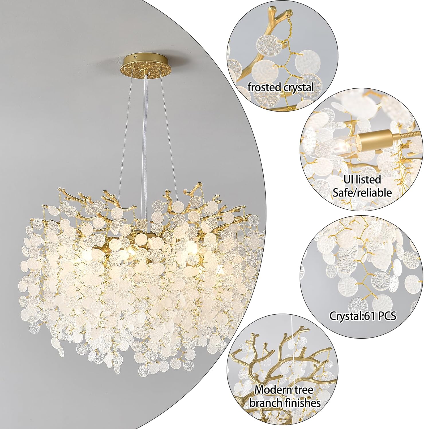 Modern Luxury Round Gold Crystal Chandelier – Adjustable Height, 61 Crystal Drops, E12 Dimmable Ceiling Pendant Light