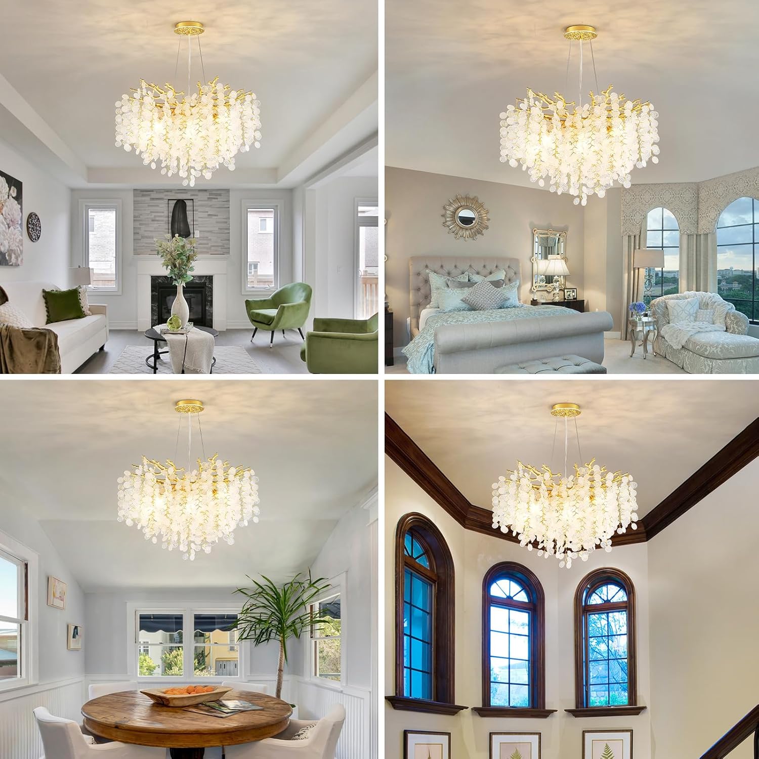 Modern Luxury Round Gold Crystal Chandelier – Adjustable Height, 61 Crystal Drops, E12 Dimmable Ceiling Pendant Light