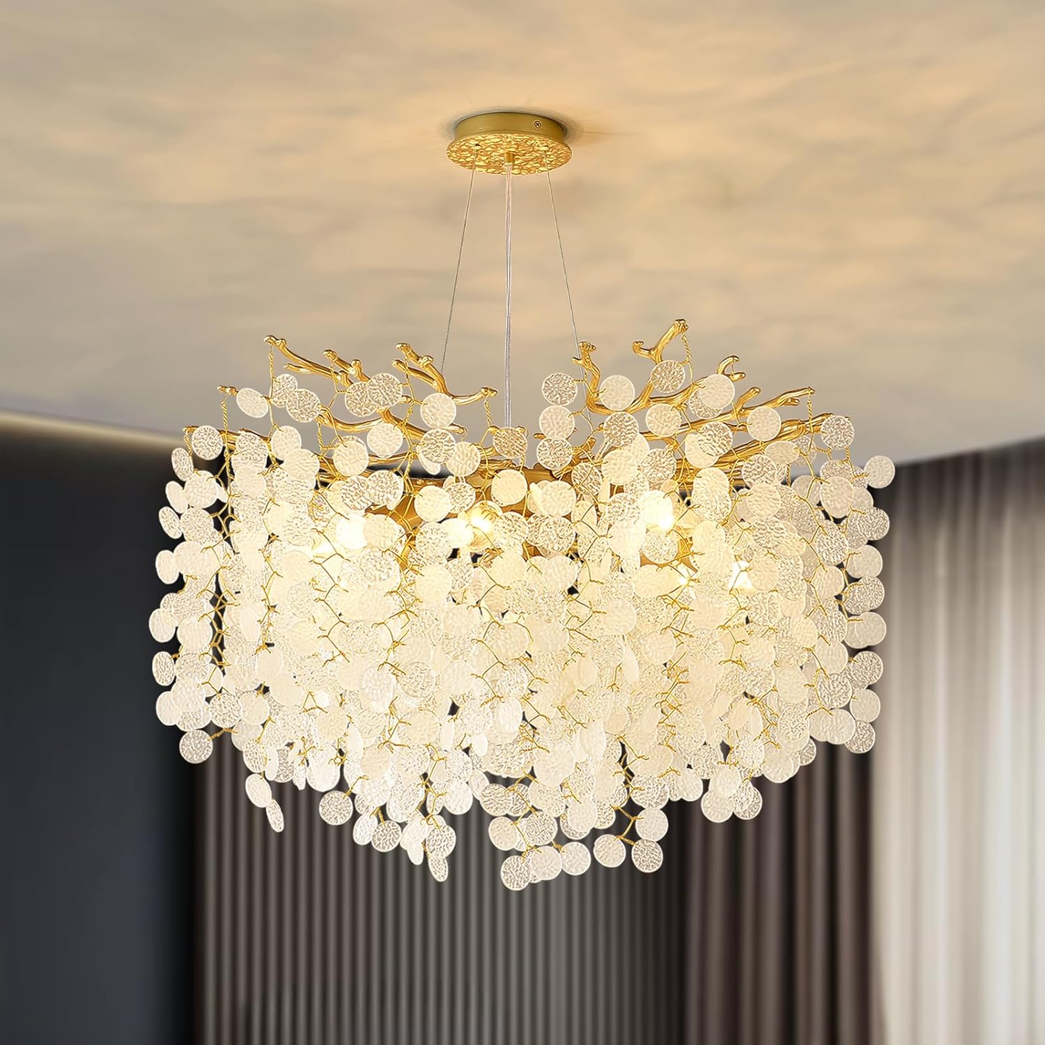 Modern Luxury Round Gold Crystal Chandelier – Adjustable Height, 61 Crystal Drops, E12 Dimmable Ceiling Pendant Light