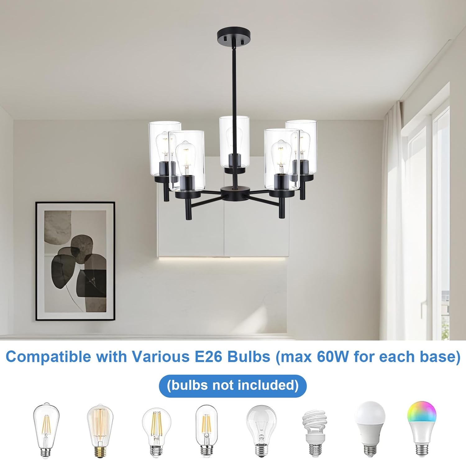 Modern Matte Black 5-Light Glass Chandelier Adjustable Ceiling Pendant Light