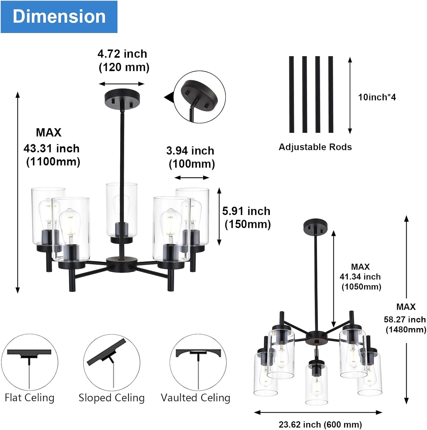 Modern Matte Black 5-Light Glass Chandelier Adjustable Ceiling Pendant Light