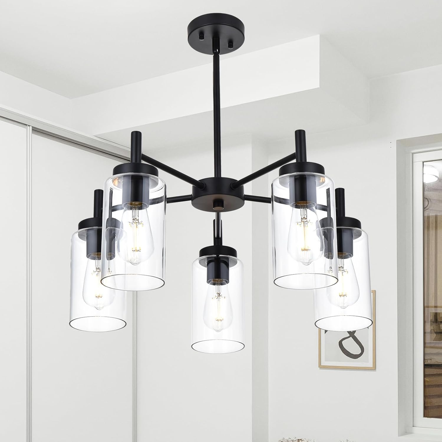 Modern Matte Black 5-Light Glass Chandelier Adjustable Ceiling Pendant Light