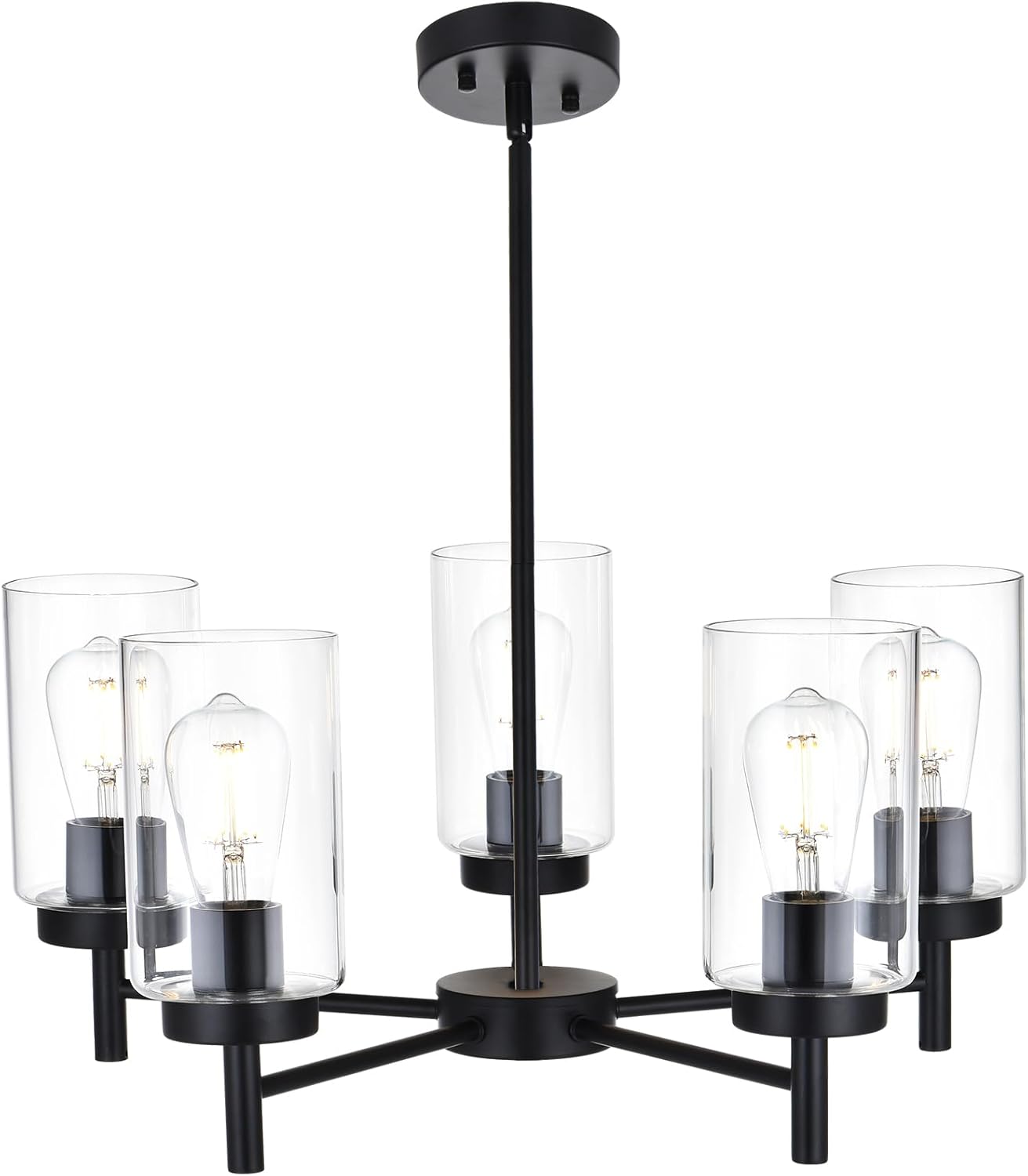 Modern Matte Black 5-Light Glass Chandelier Adjustable Ceiling Pendant Light