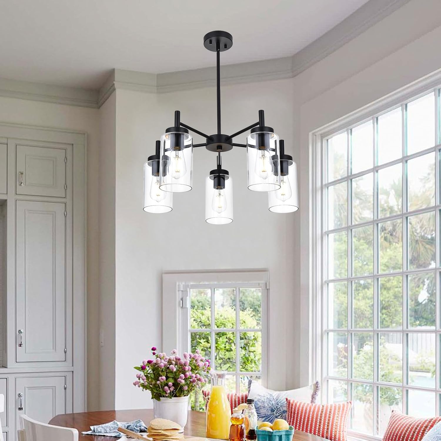 Modern Matte Black 5-Light Glass Chandelier Adjustable Ceiling Pendant Light