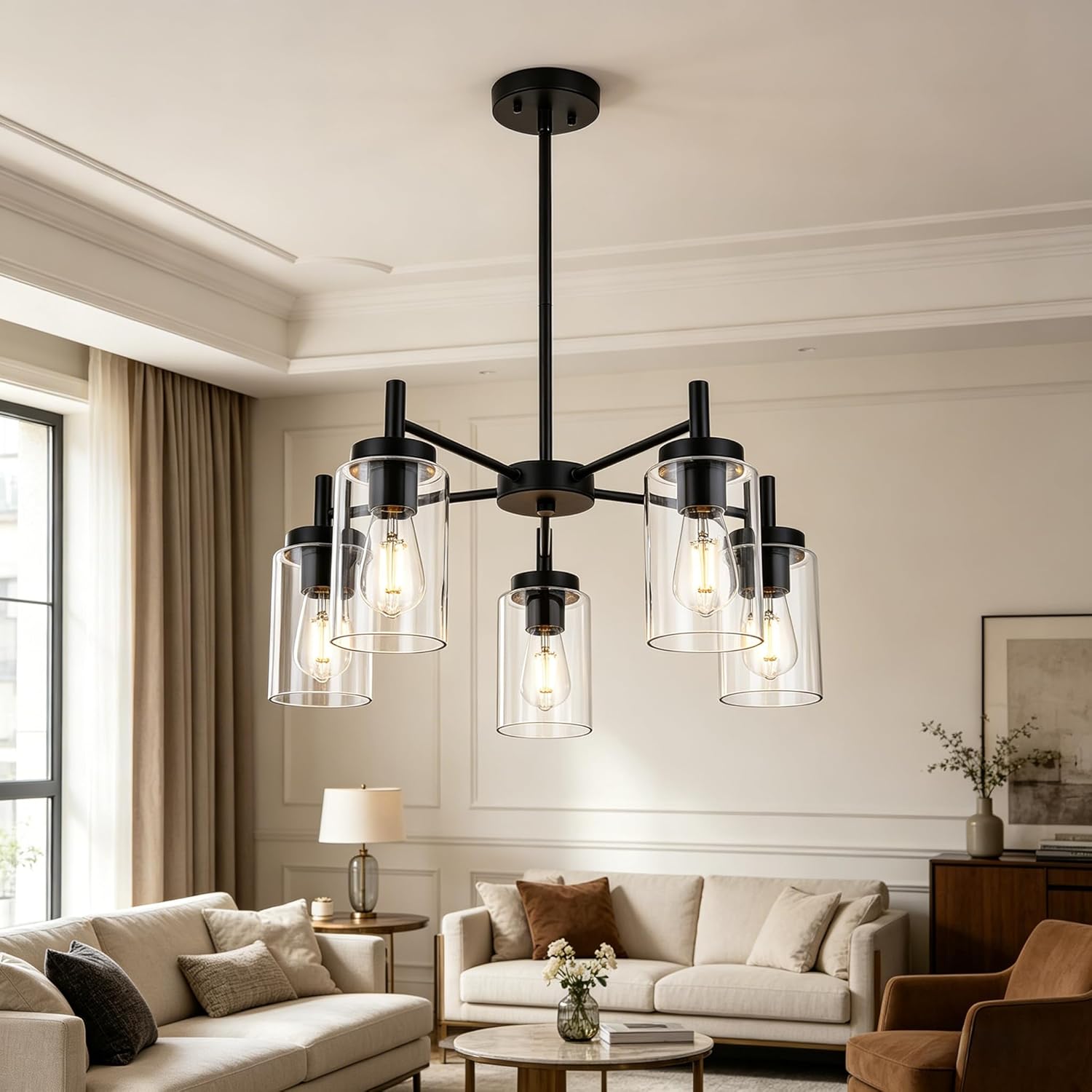Modern Matte Black 5-Light Glass Chandelier Adjustable Ceiling Pendant Light