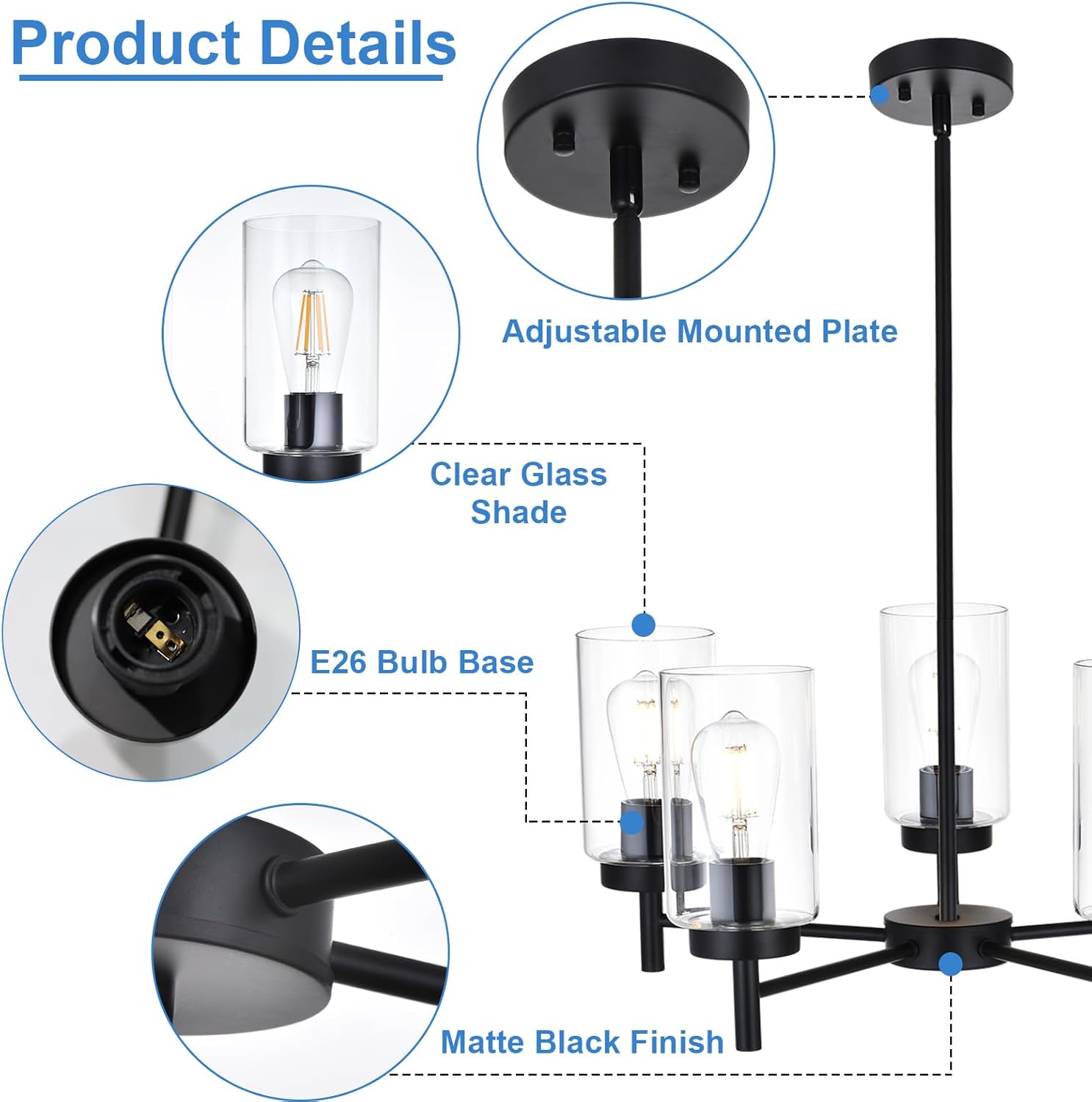 Modern Matte Black 5-Light Glass Chandelier Adjustable Ceiling Pendant Light