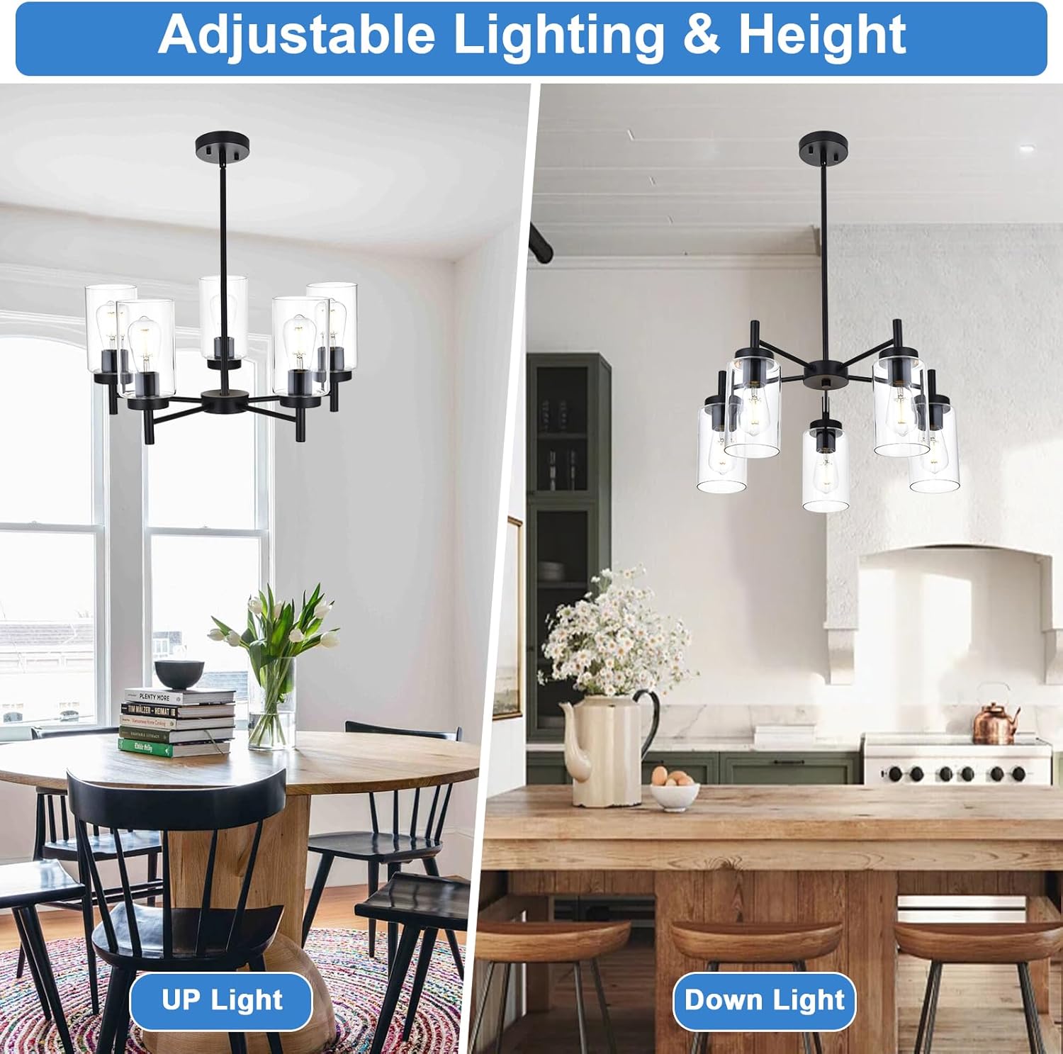 Modern Matte Black 5-Light Glass Chandelier Adjustable Ceiling Pendant Light