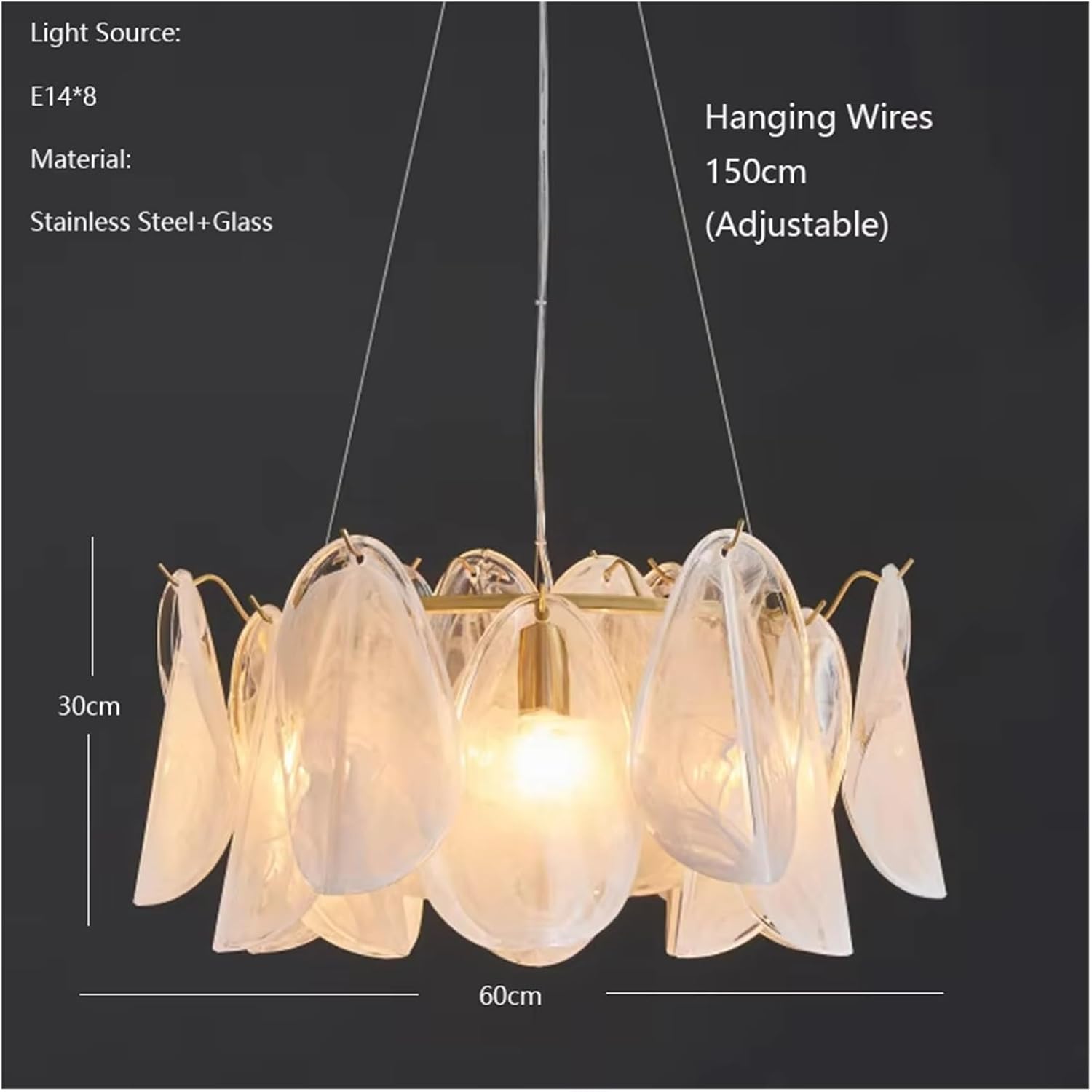 Glass Leaf Chandelier – Modern Pendant Light with Adjustable Wires and 8×E14 Sockets