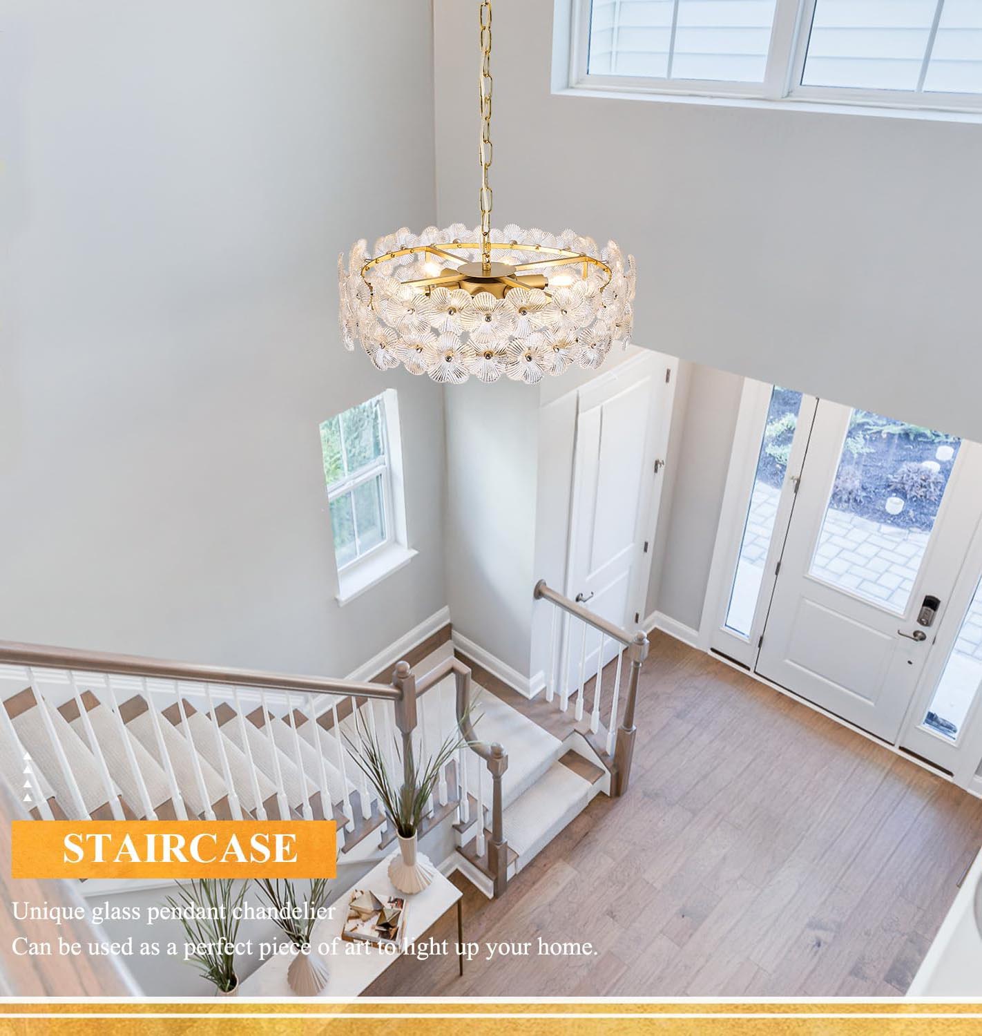 Modern Round Gold Crystal Glass Pendant Light - 6-Light Floral Drum Chandelier with Adjustable Height, E12 Base
