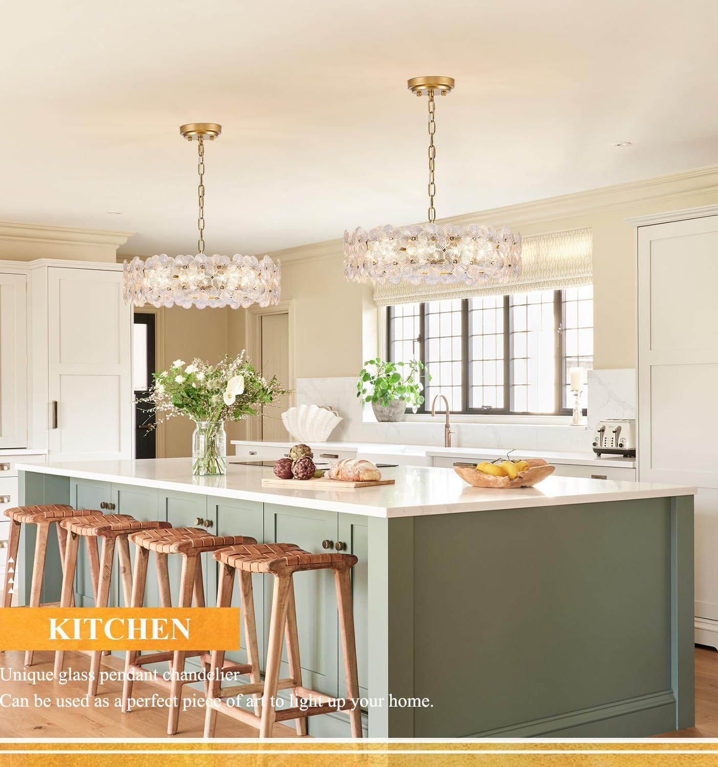 Modern Round Gold Crystal Glass Pendant Light - 6-Light Floral Drum Chandelier with Adjustable Height, E12 Base