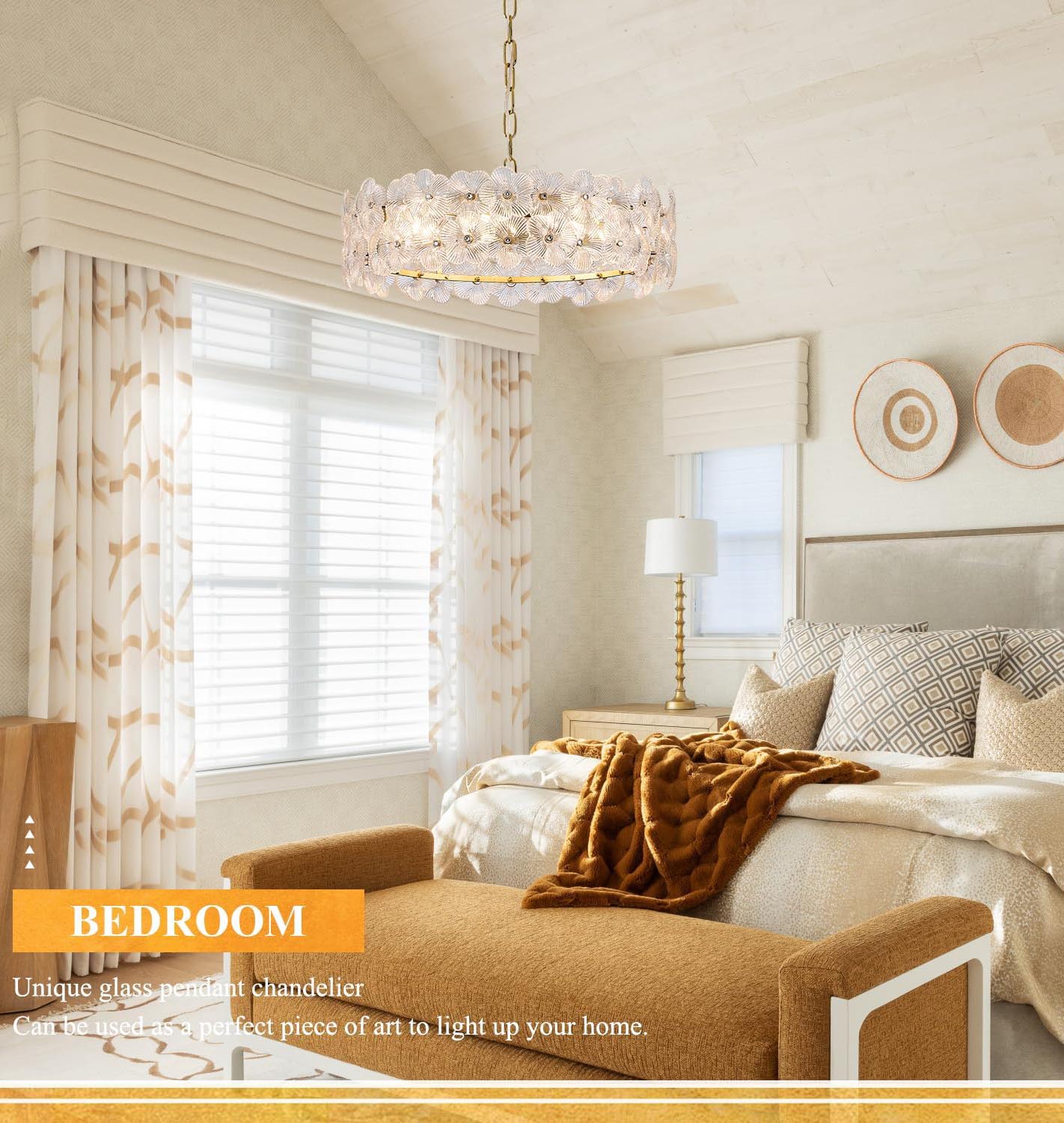 Modern Round Gold Crystal Glass Pendant Light - 6-Light Floral Drum Chandelier with Adjustable Height, E12 Base