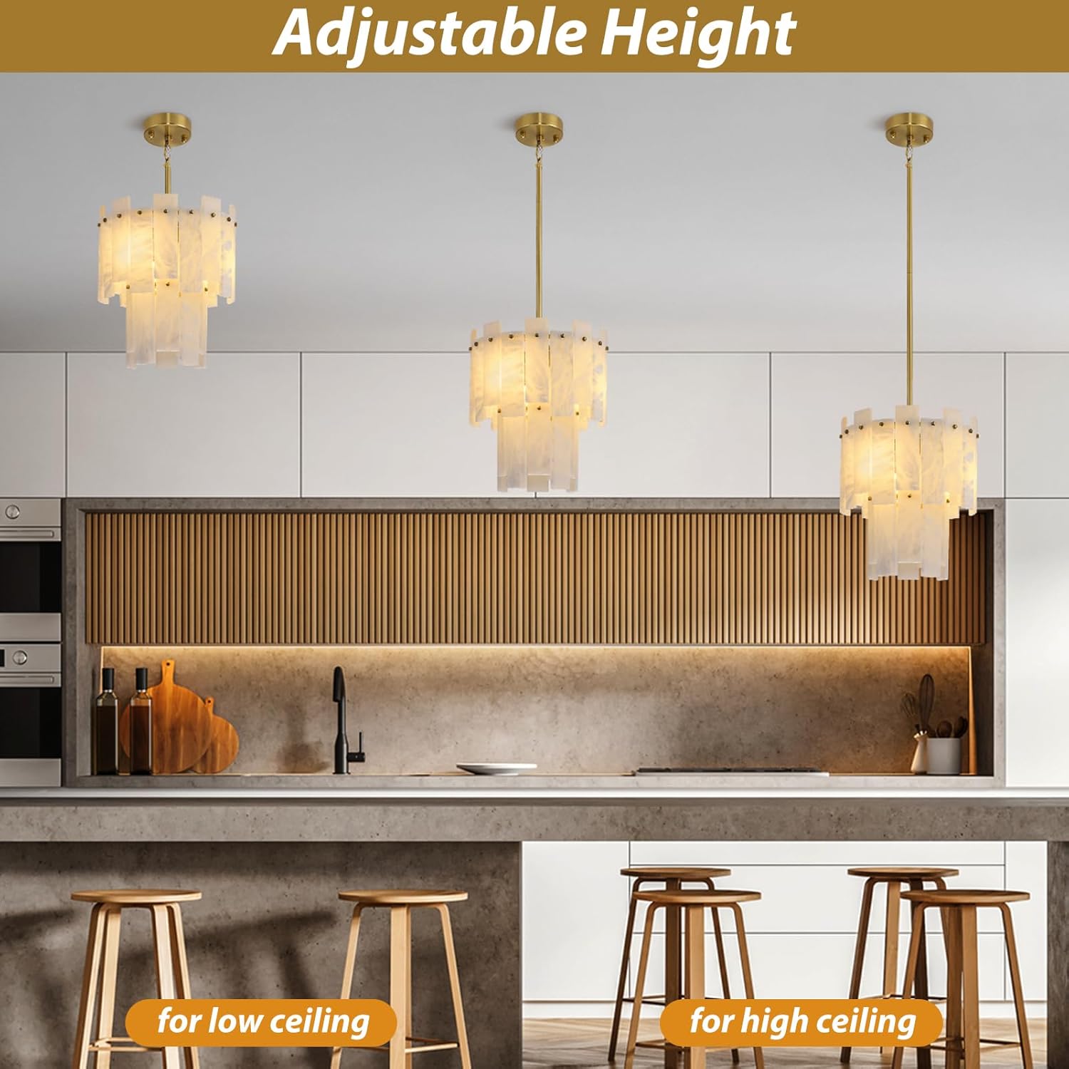Modern Spanish Alabaster Pendant Chandelier 3-Light Gold Adjustable Ceiling Light