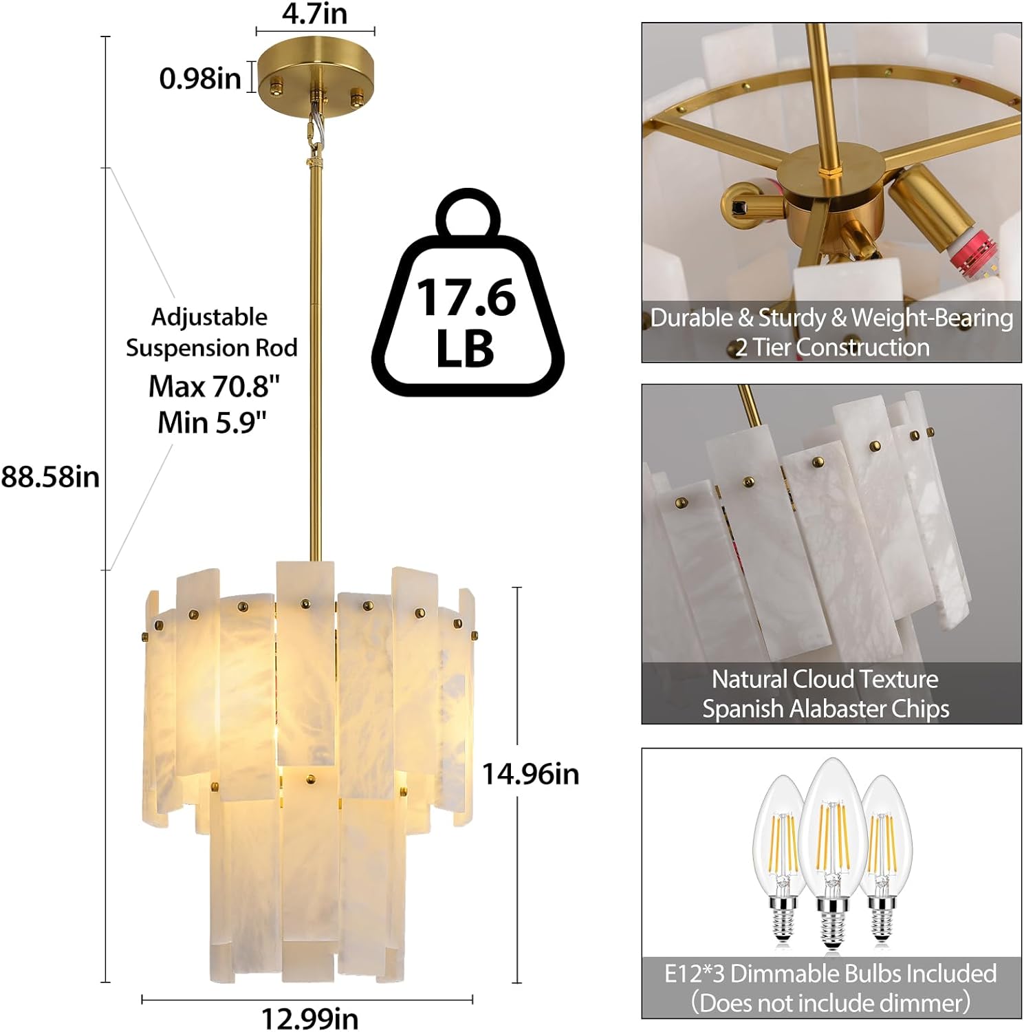 Modern Spanish Alabaster Pendant Chandelier 3-Light Gold Adjustable Ceiling Light